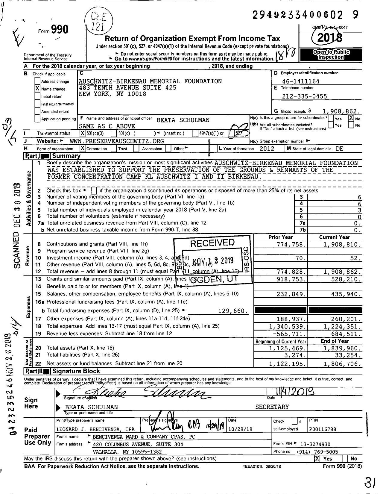 Image of first page of 2018 Form 990 for Auschwitz-Birkenau Memorial Foundation