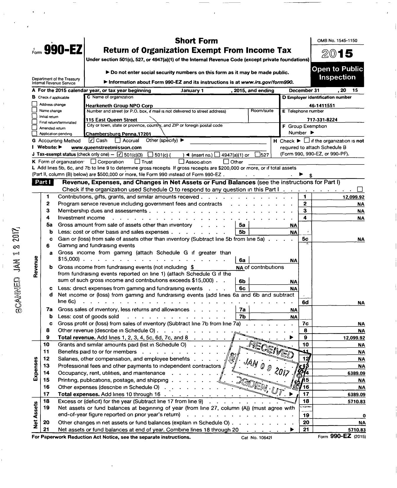 Image of first page of 2015 Form 990EZ for Hearkeneth Group Npo Corporation