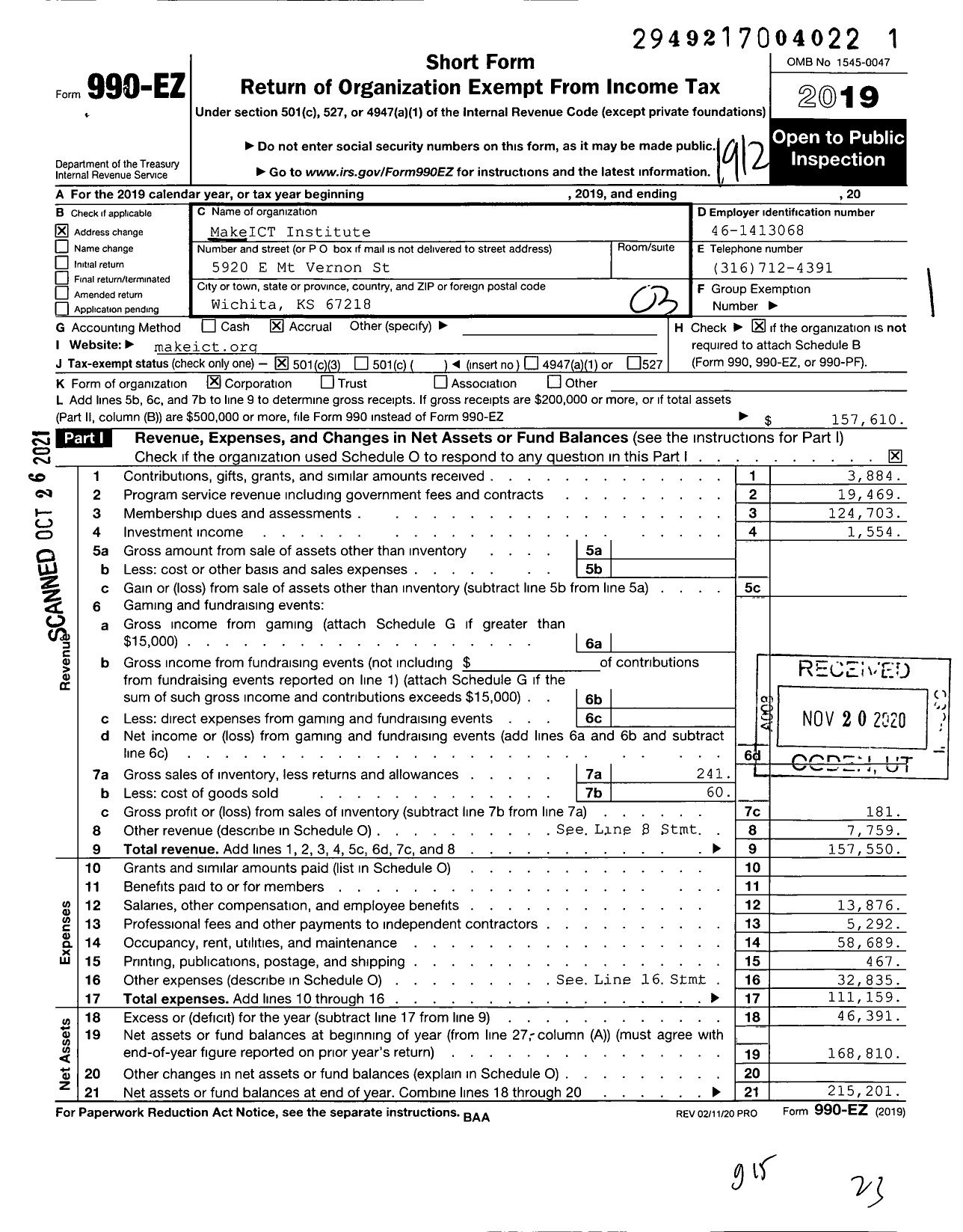 Image of first page of 2019 Form 990EZ for MakeICT Institute