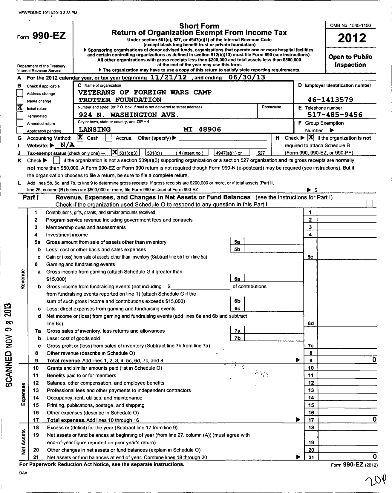 Image of first page of 2012 Form 990EZ for VFW Charities of Michigan