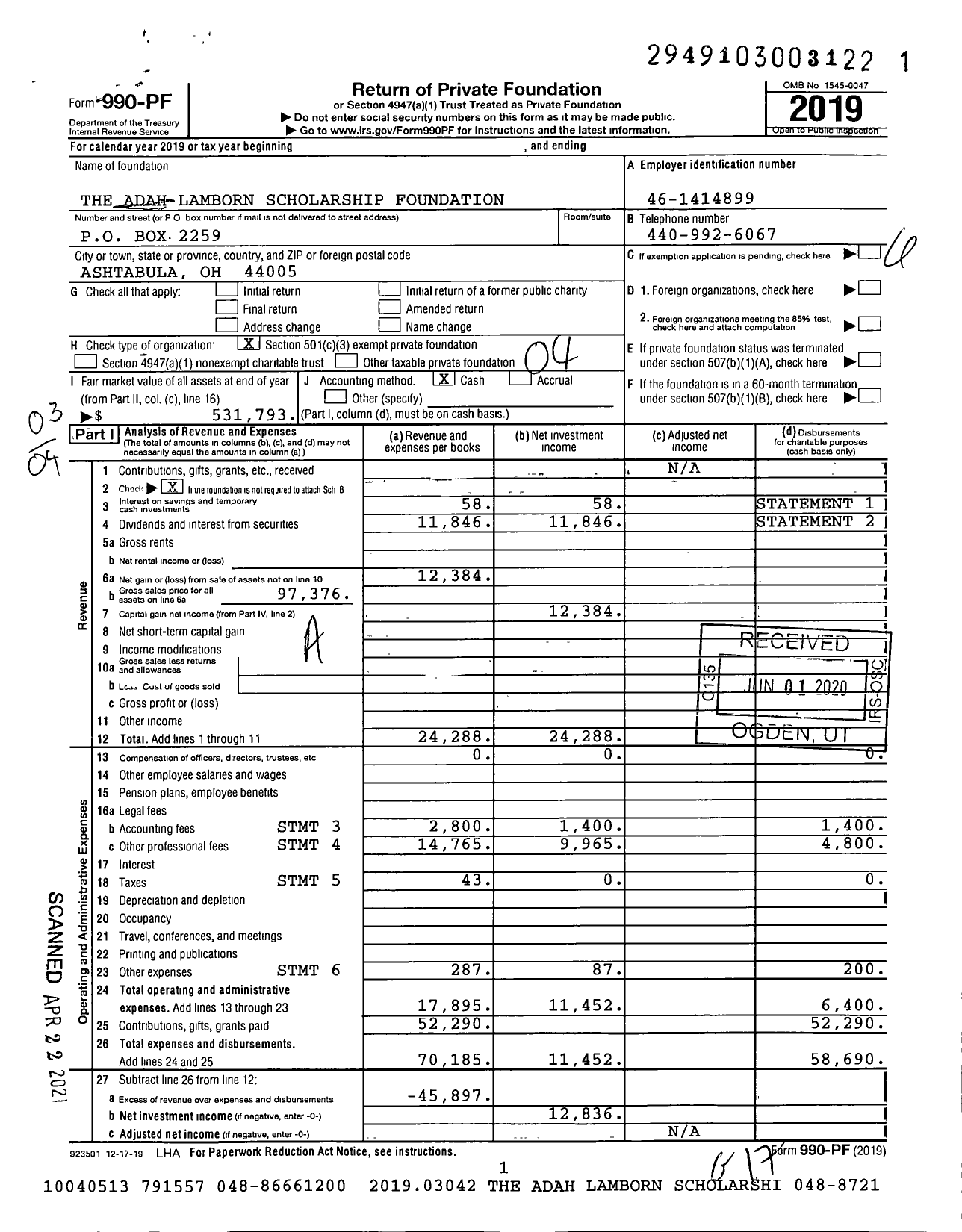 Image of first page of 2019 Form 990PF for The Adah Lamborn Scholarship Foundation