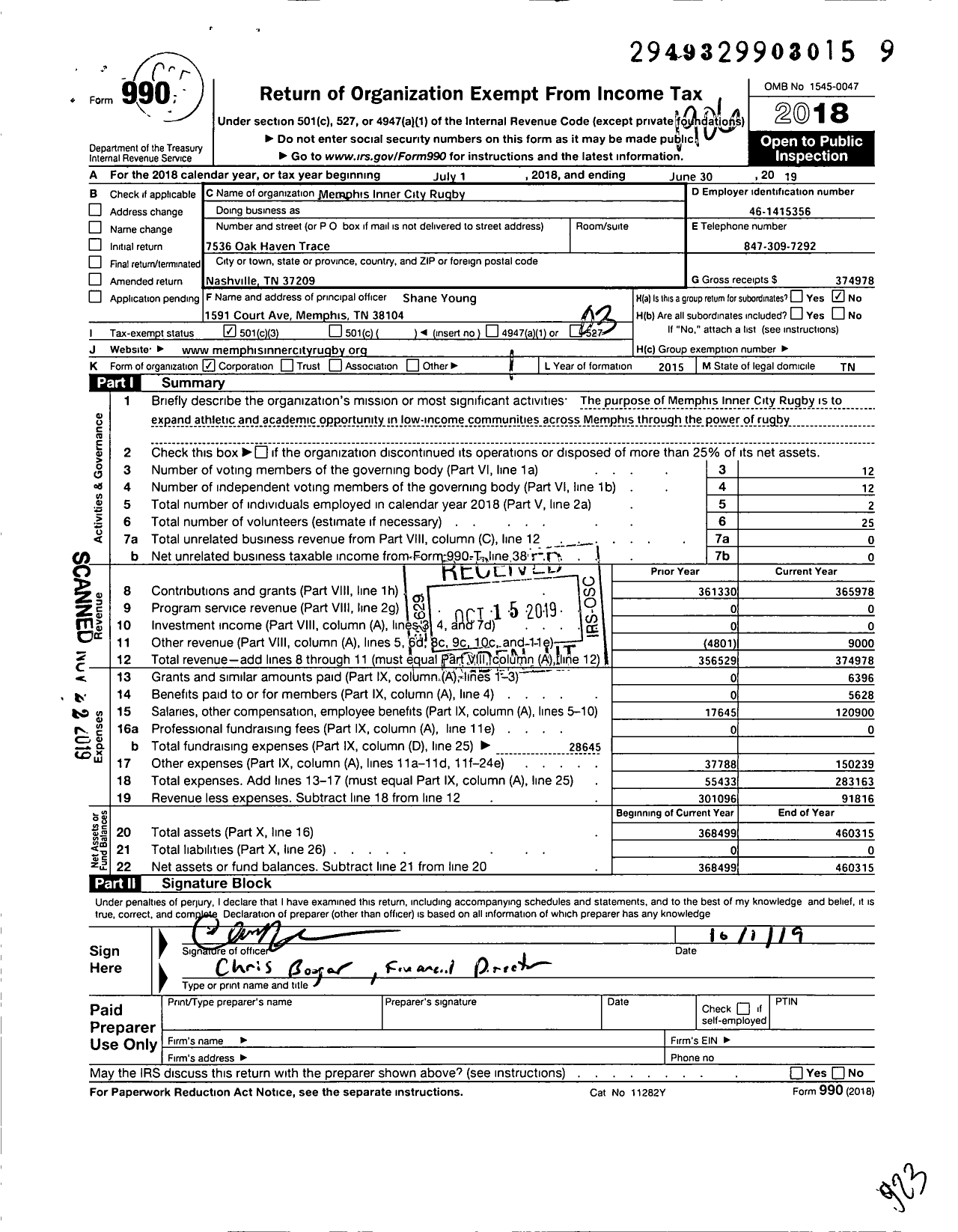 Image of first page of 2018 Form 990 for Memphis Inner City Rugby