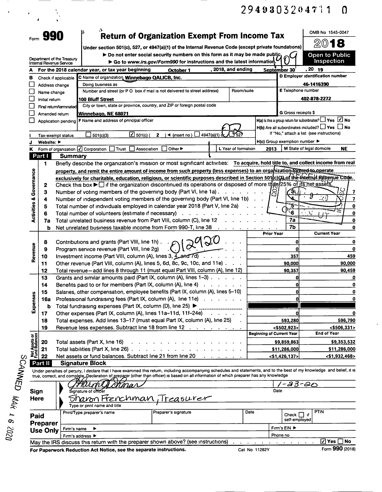 Image of first page of 2018 Form 990O for Winnebago QALICB