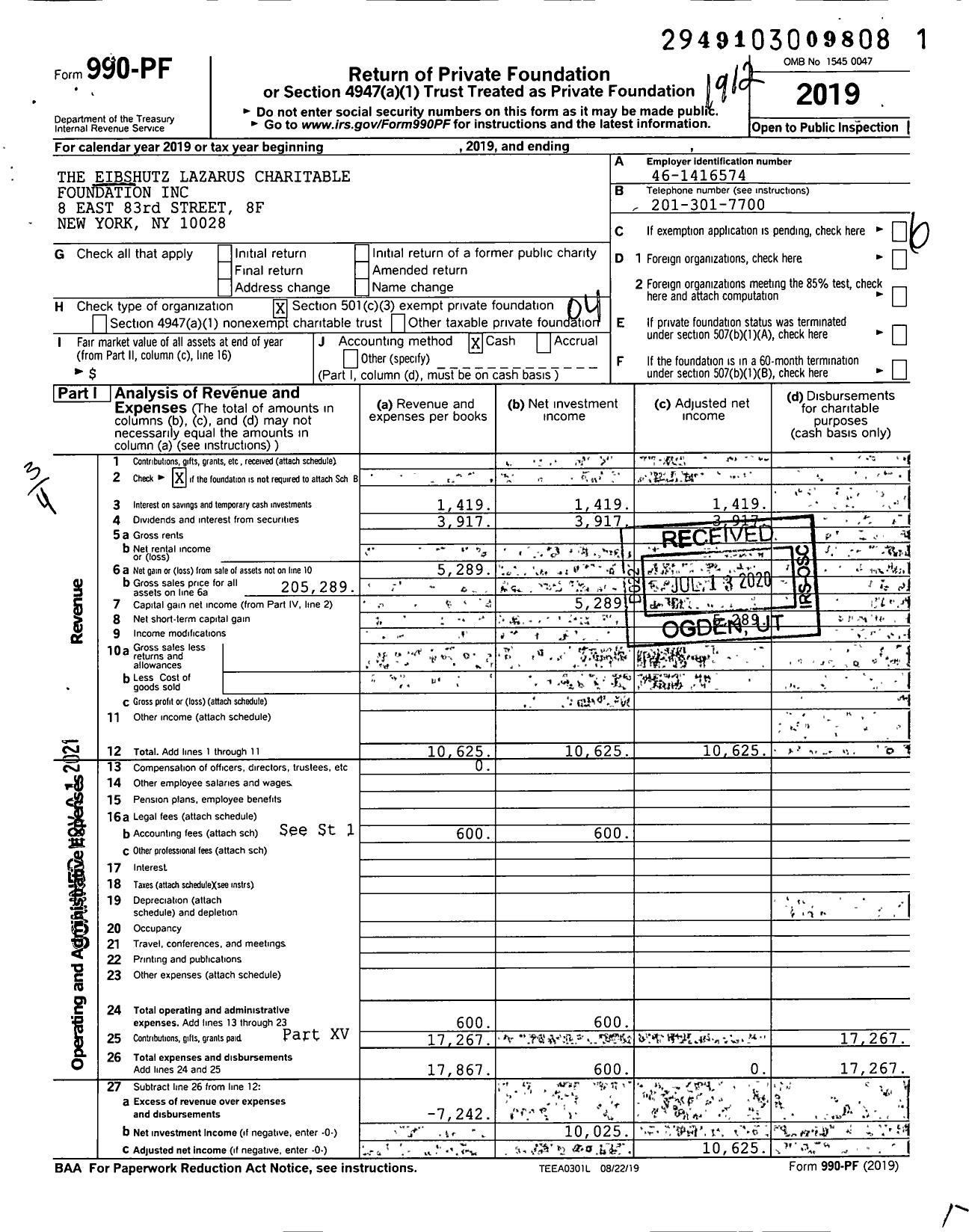 Image of first page of 2019 Form 990PF for The Eibshutz Lazarus Charitable Foundation