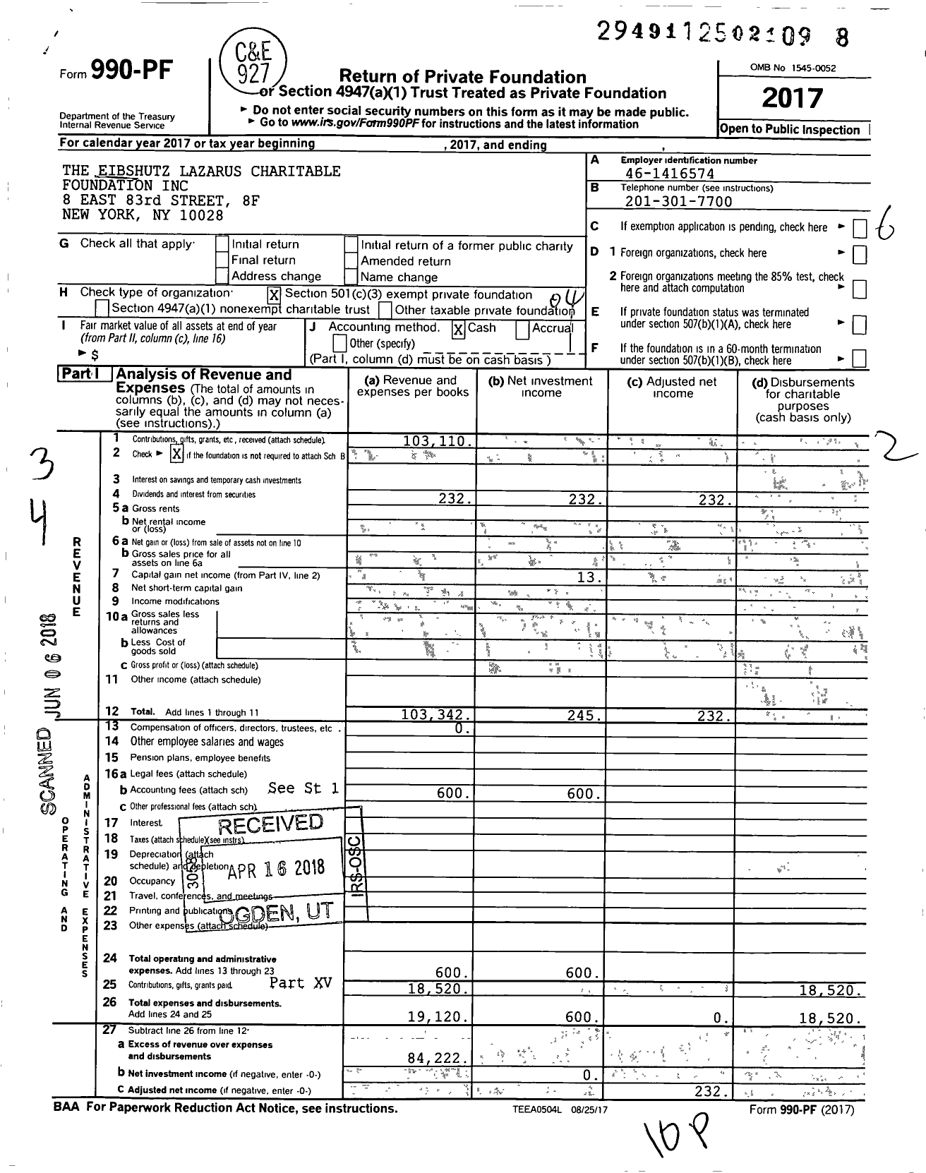 Image of first page of 2017 Form 990PF for The Eibshutz Lazarus Charitable Foundation