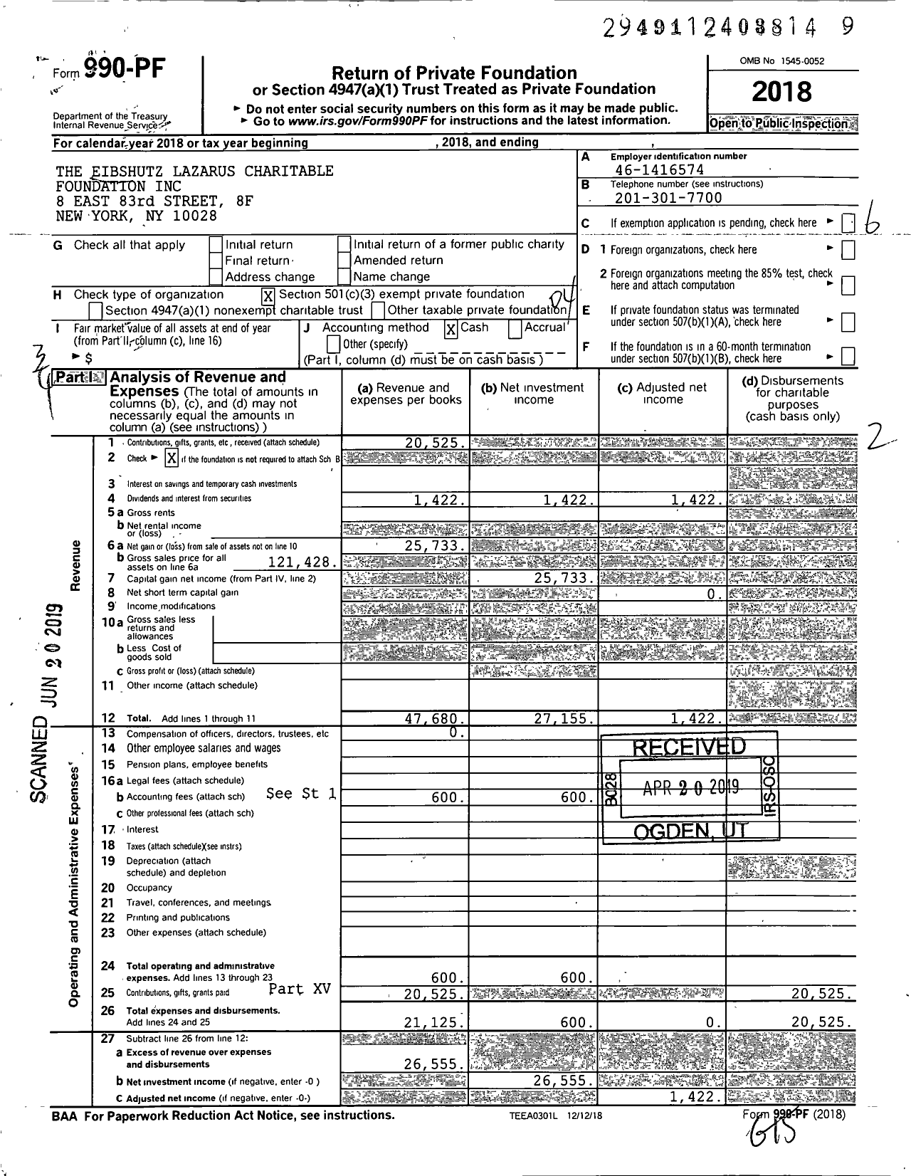 Image of first page of 2018 Form 990PF for The Eibshutz Lazarus Charitable Foundation