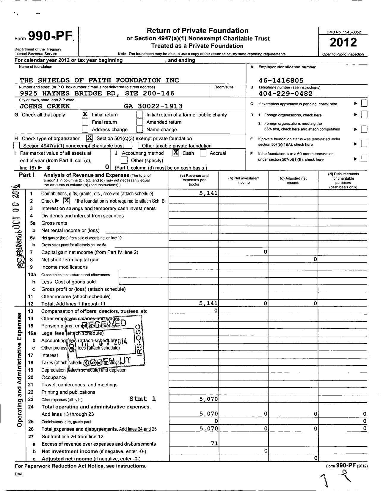 Image of first page of 2012 Form 990PF for Shields of Faith Foundation