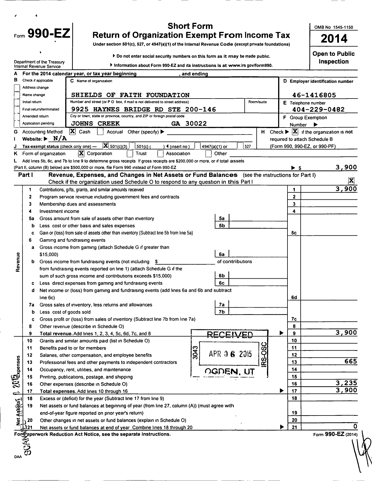 Image of first page of 2014 Form 990EZ for Shields of Faith Foundation