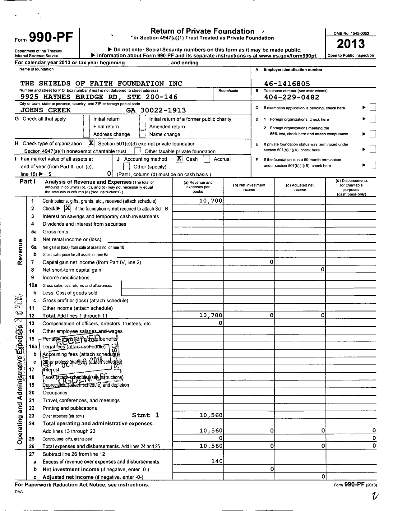 Image of first page of 2013 Form 990PF for Shields of Faith Foundation