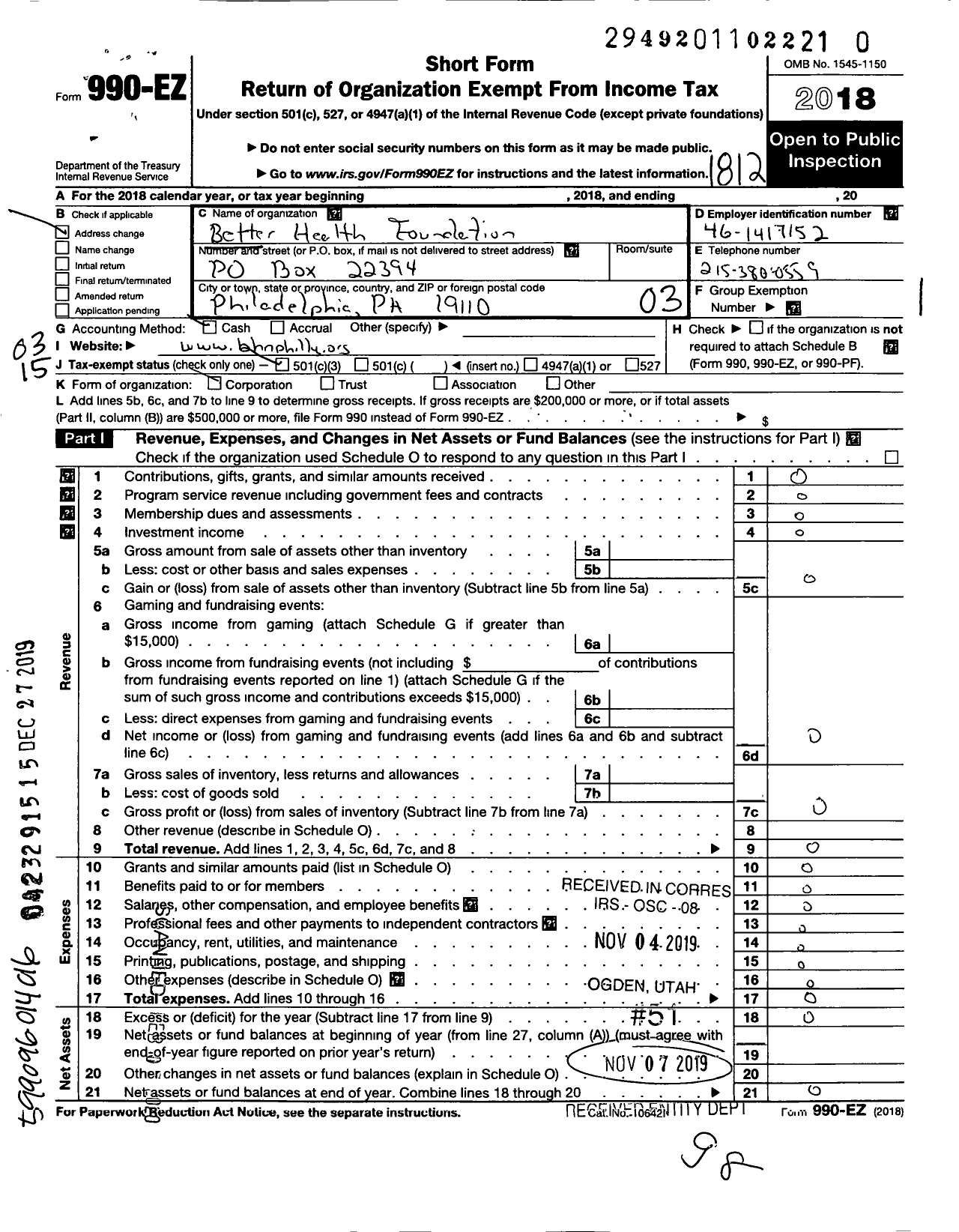 Image of first page of 2018 Form 990EZ for Better Health Foundation