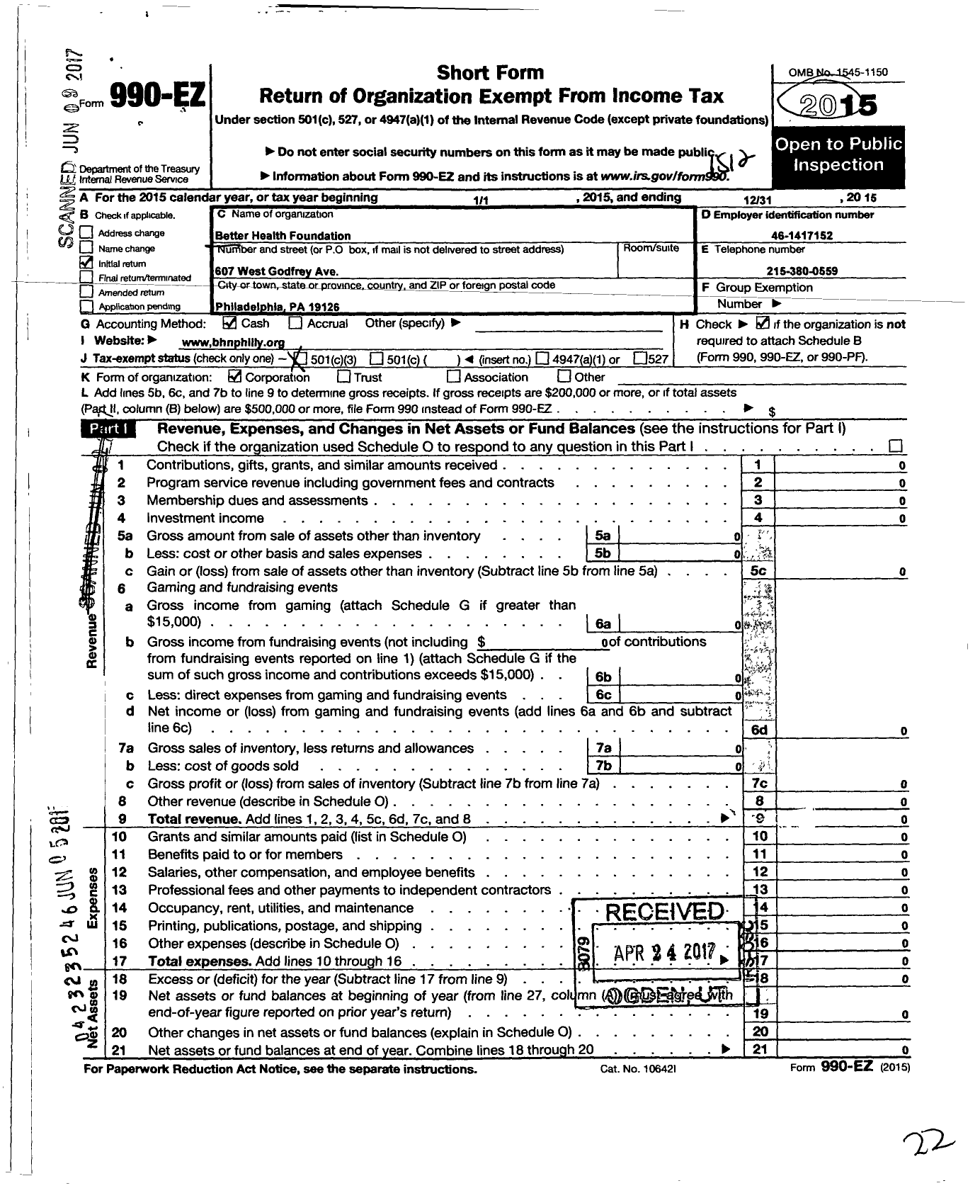 Image of first page of 2015 Form 990EZ for Better Health Foundation