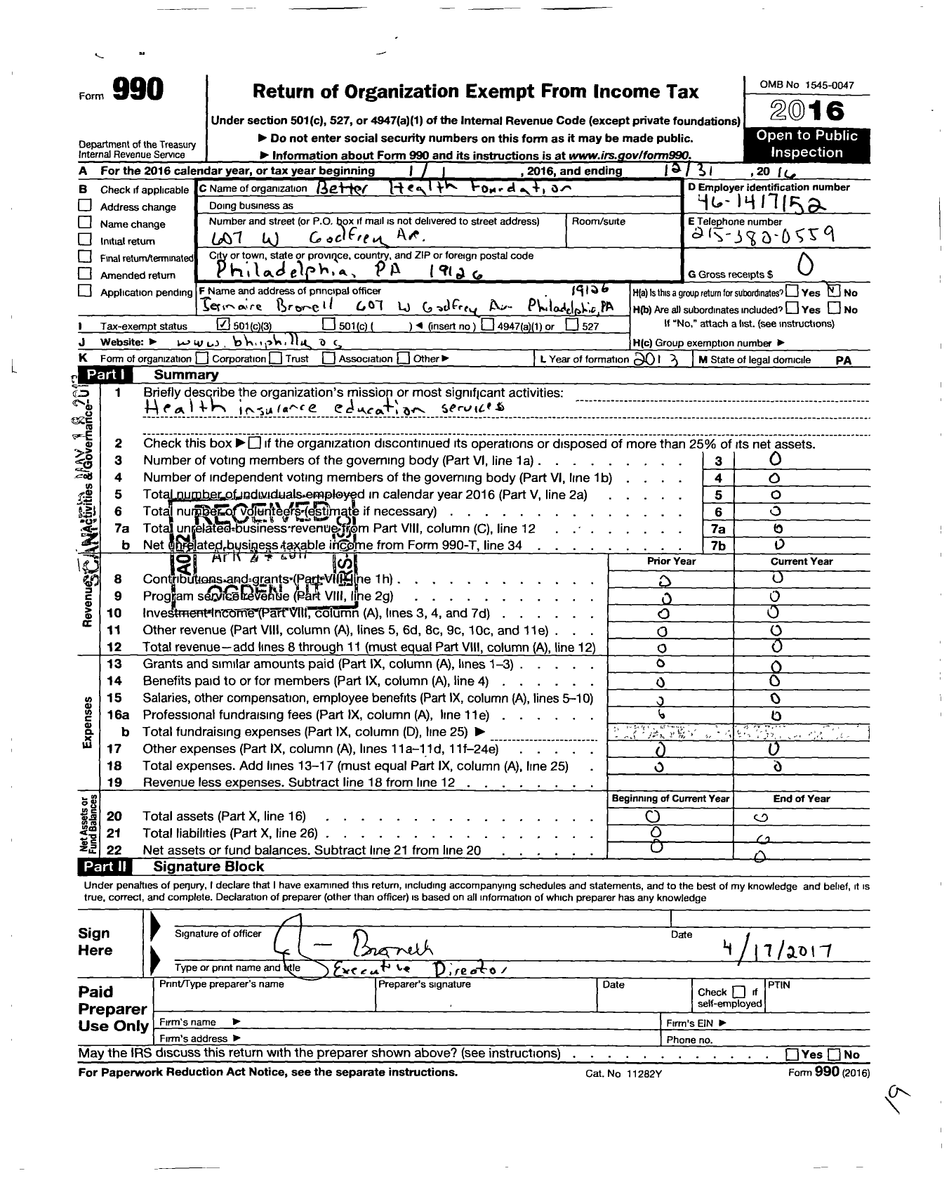 Image of first page of 2016 Form 990 for Better Health Foundation