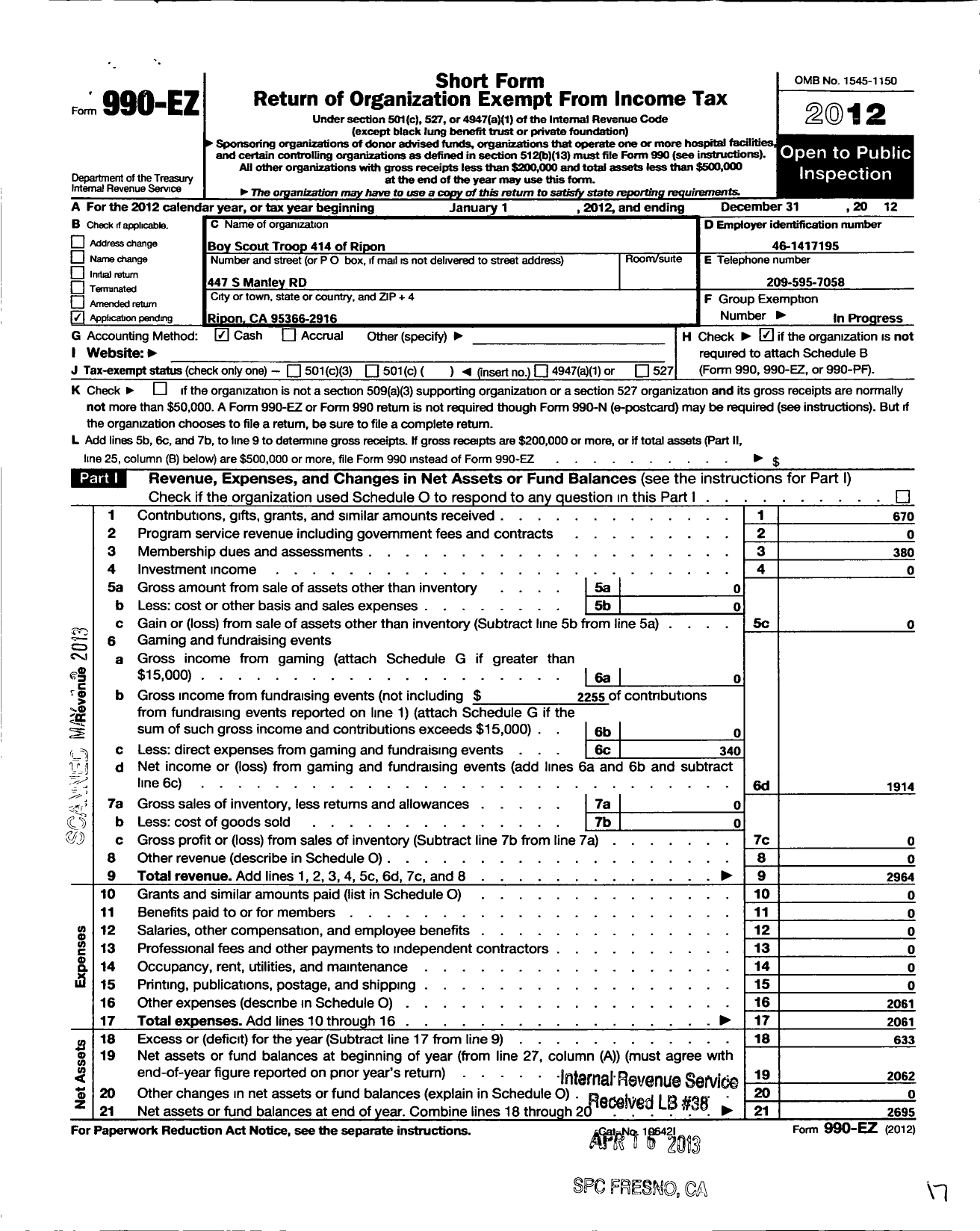Image of first page of 2012 Form 990EO for Boy Scout Troop 414 of Ripon