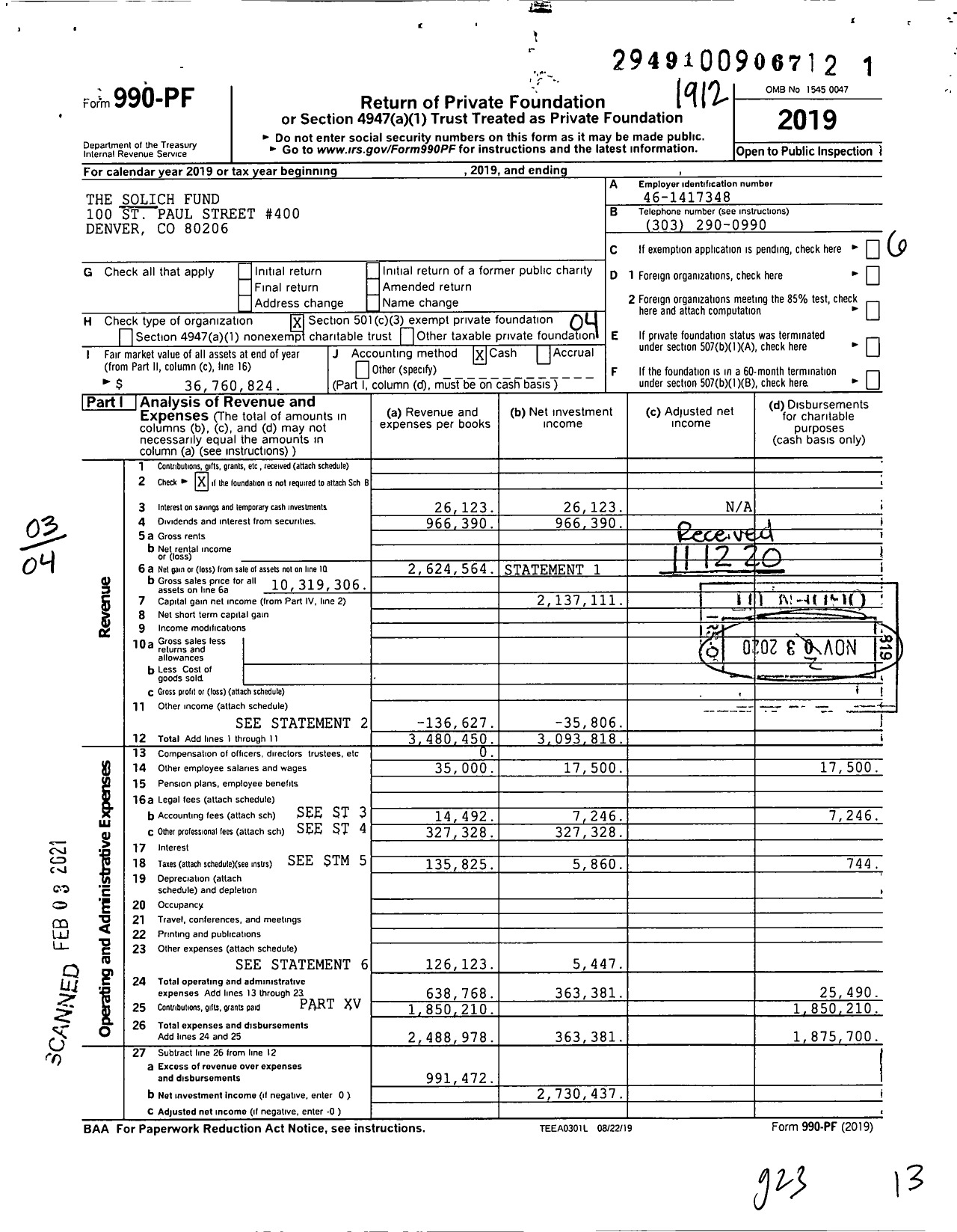 Image of first page of 2019 Form 990PF for Solich Fund