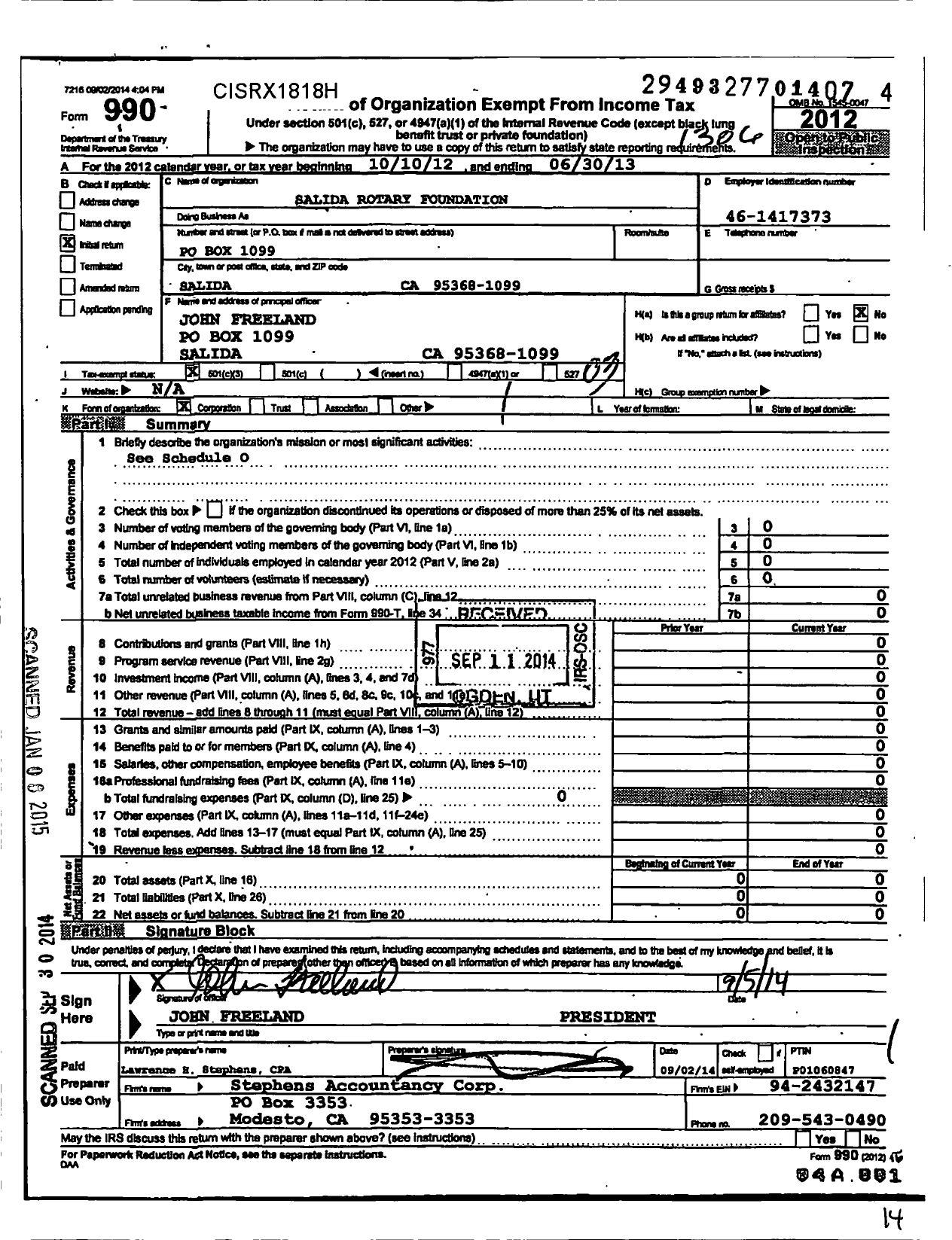 Image of first page of 2012 Form 990 for Salida Rotary Foundation