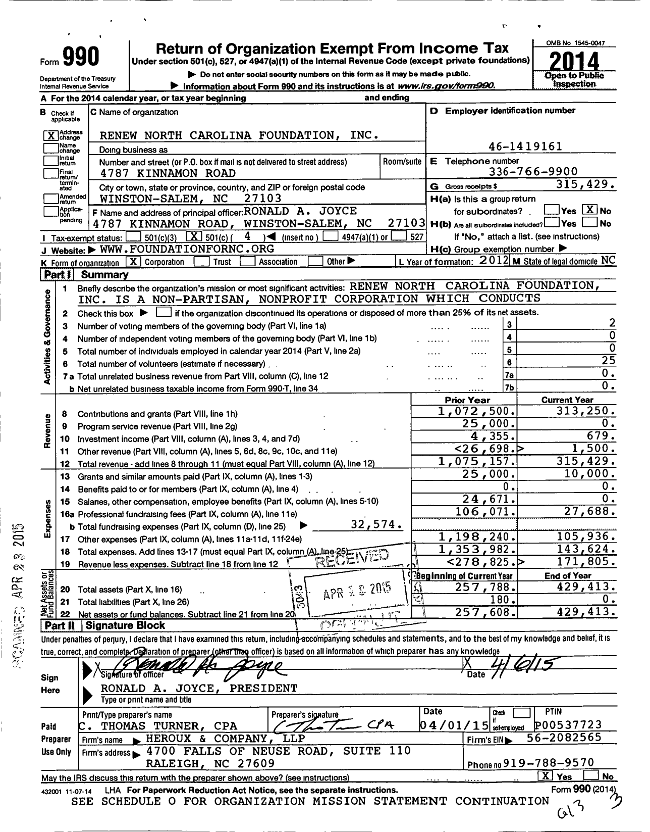 Image of first page of 2014 Form 990O for Renew North Carolina Foundation