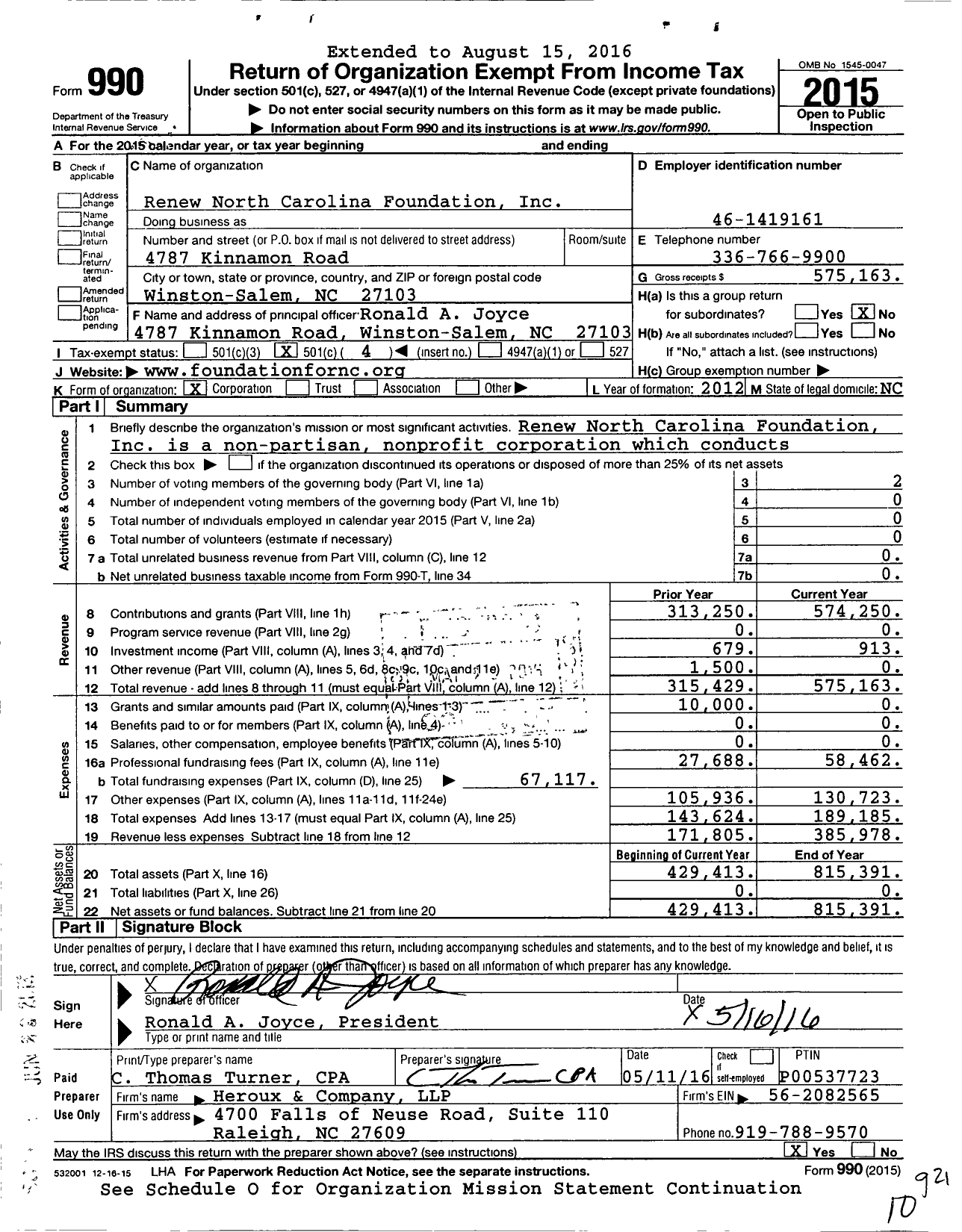 Image of first page of 2015 Form 990O for Renew North Carolina Foundation