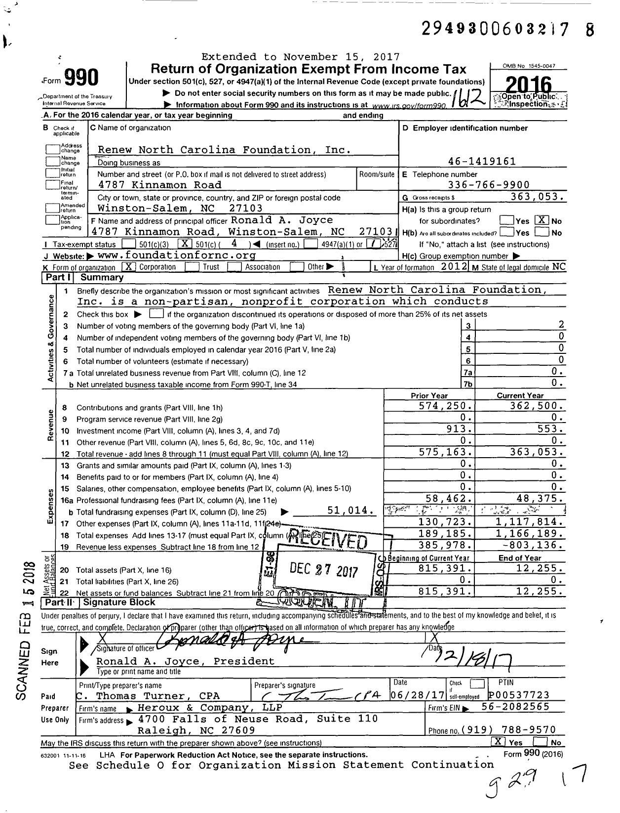 Image of first page of 2016 Form 990O for Renew North Carolina Foundation