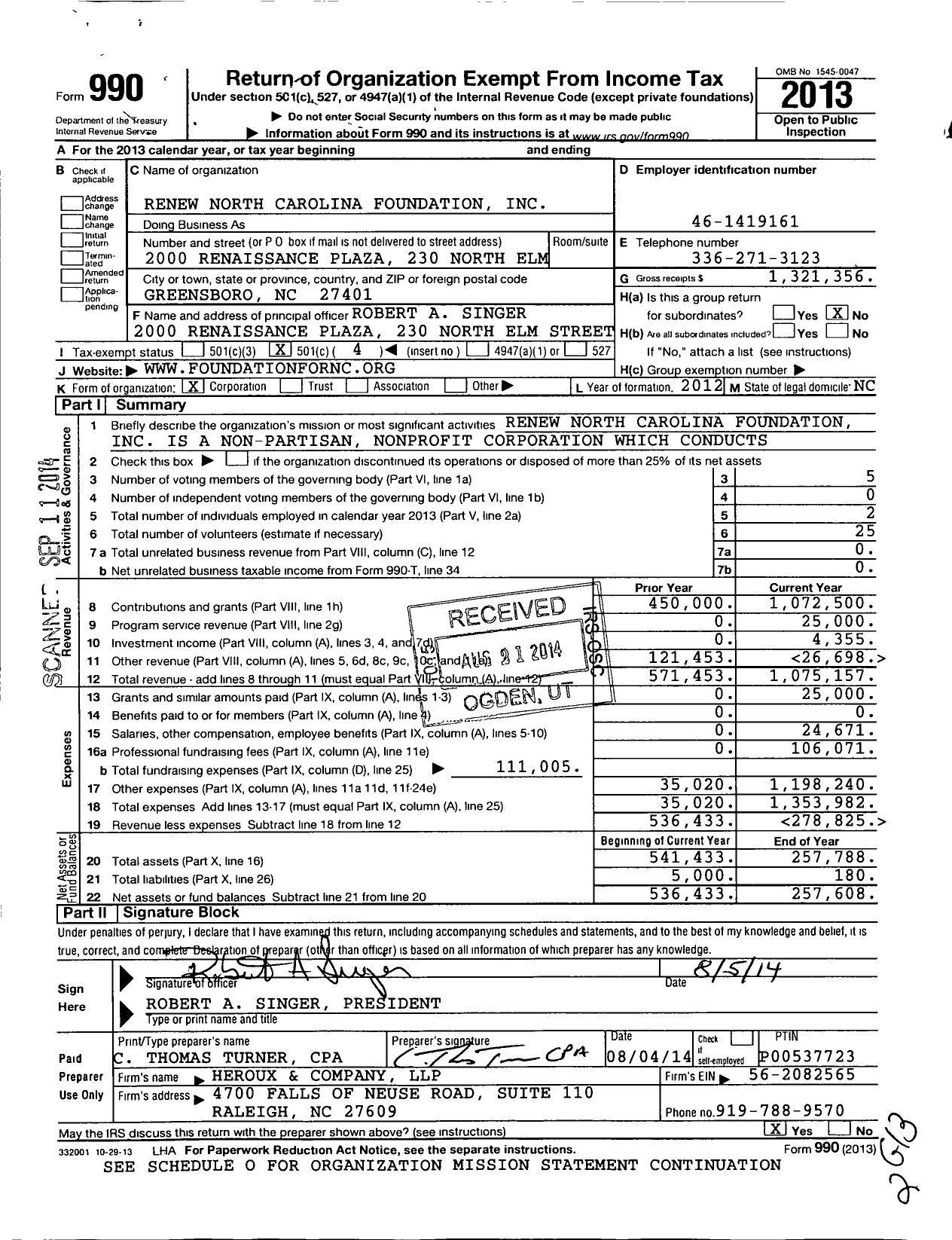 Image of first page of 2013 Form 990O for Renew North Carolina Foundation