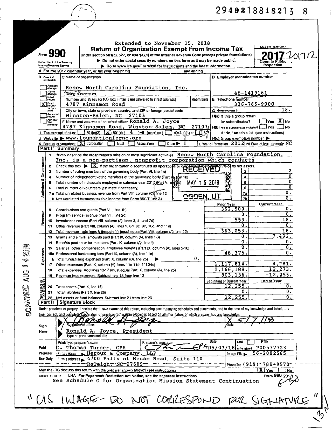 Image of first page of 2017 Form 990O for Renew North Carolina Foundation