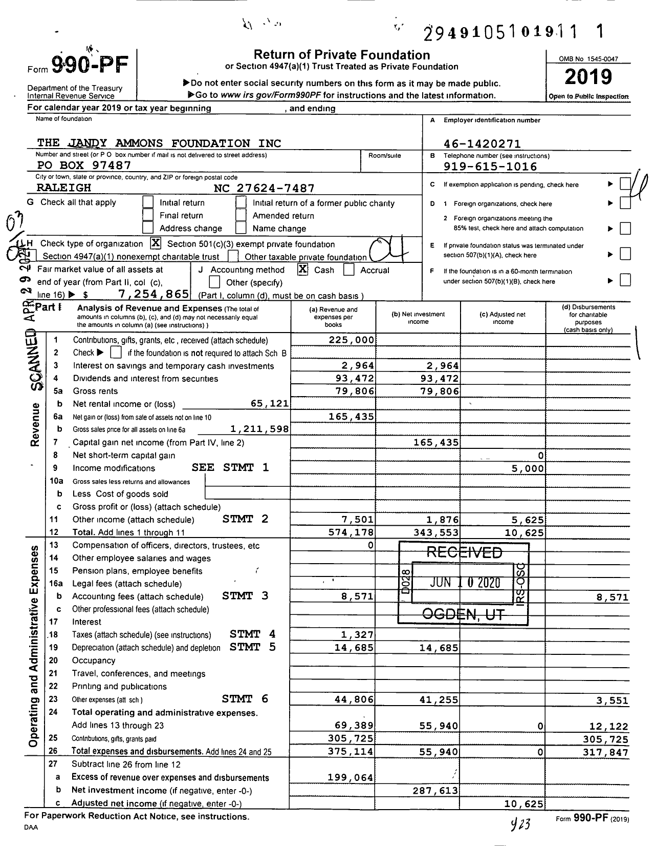 Image of first page of 2019 Form 990PF for The Jandy Ammons Foundation