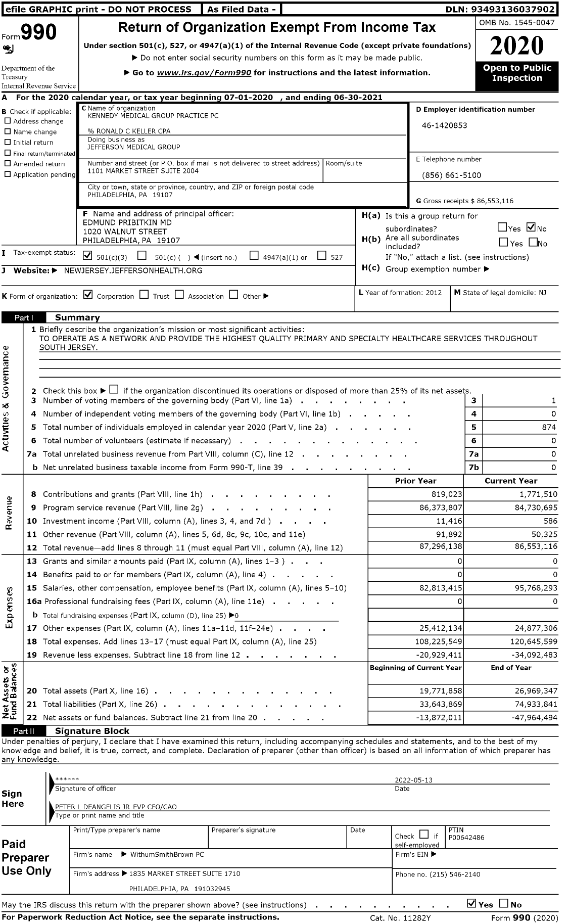 Image of first page of 2020 Form 990 for Jefferson Medical Group