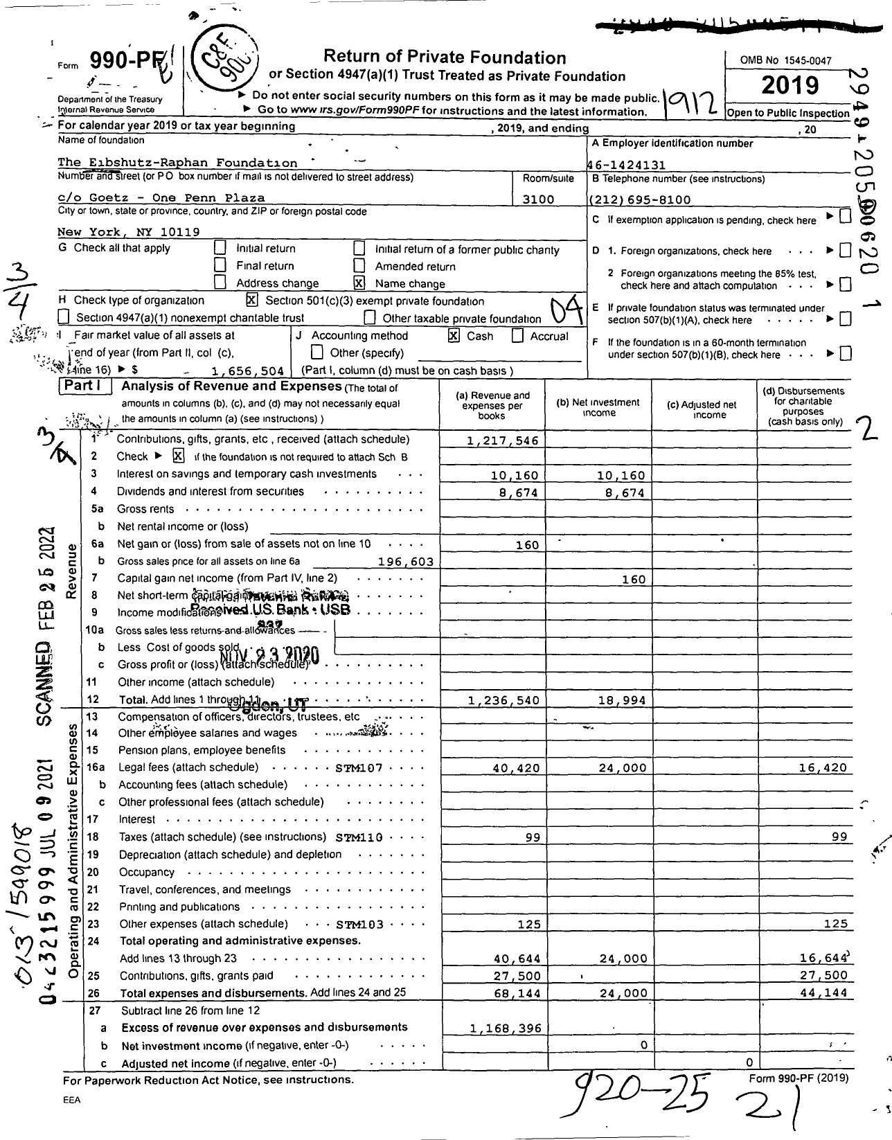 Image of first page of 2019 Form 990PF for The Eibshutz-Raphan Foundation