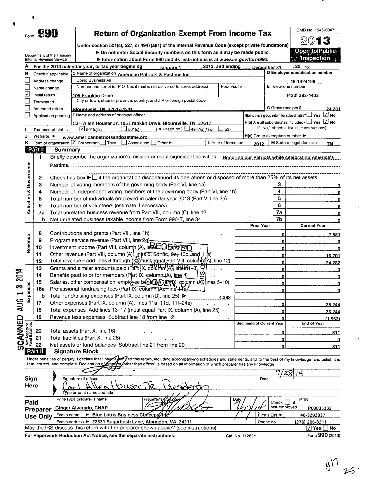 Image of first page of 2013 Form 990 for American Patriots and Pastime