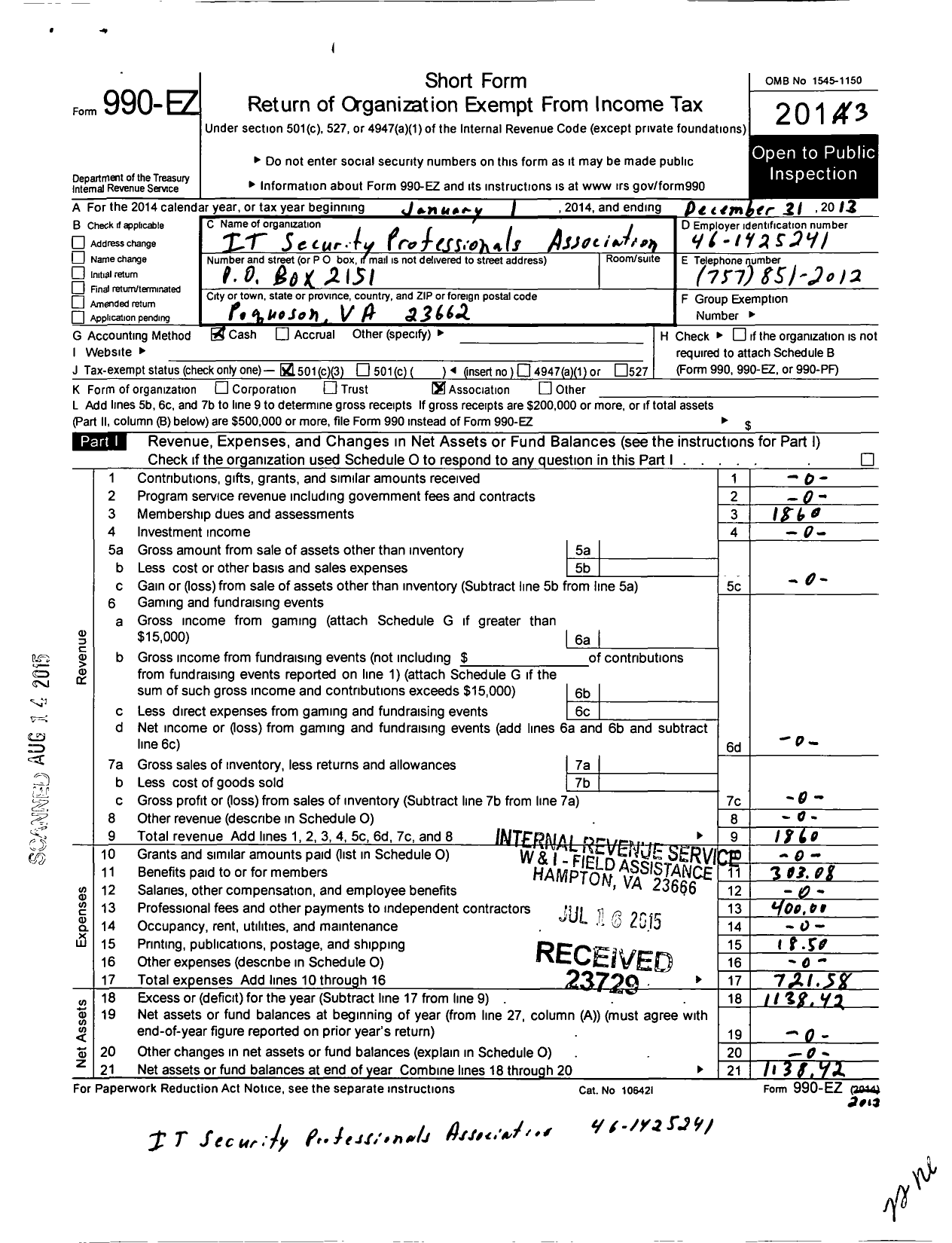 Image of first page of 2013 Form 990EZ for It Security Professionals Association