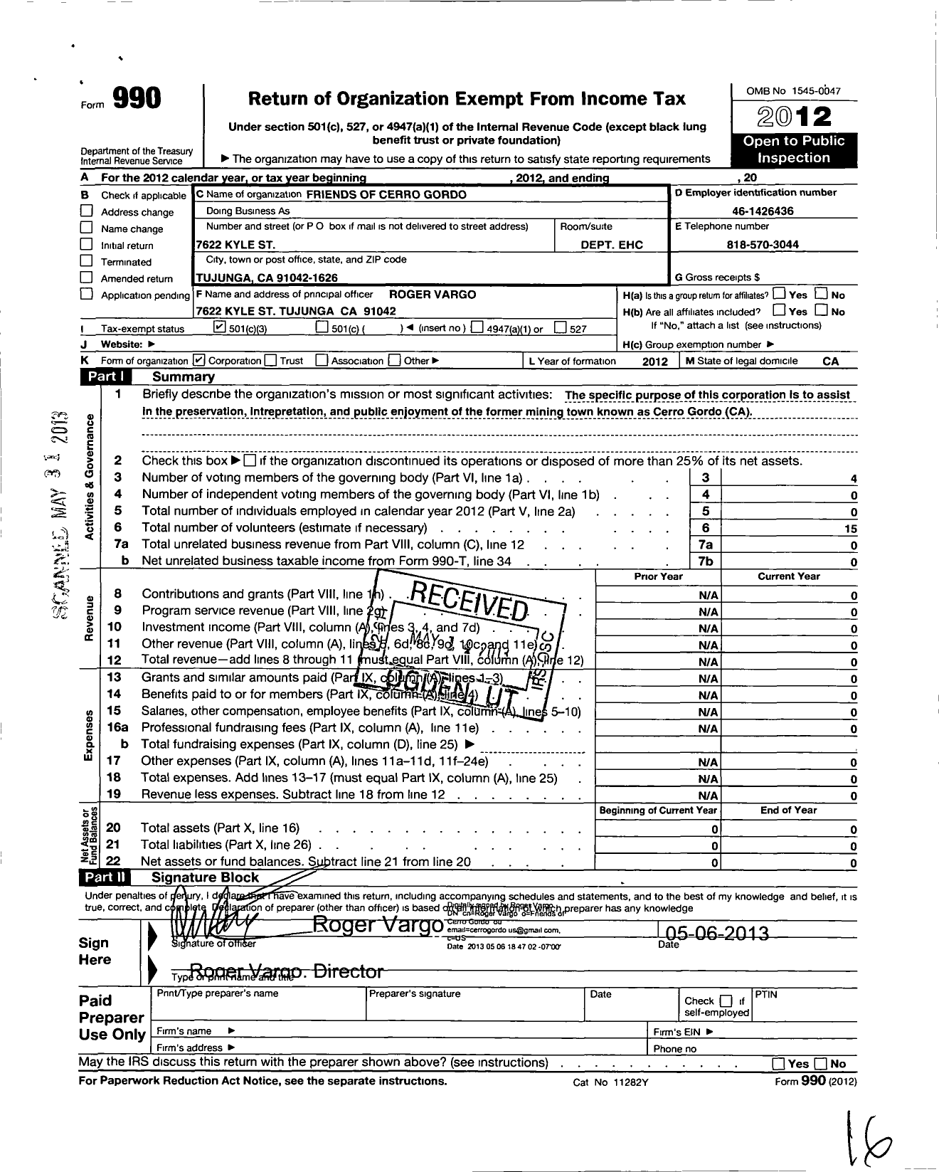 Image of first page of 2012 Form 990 for Friends of Cerro Gordo