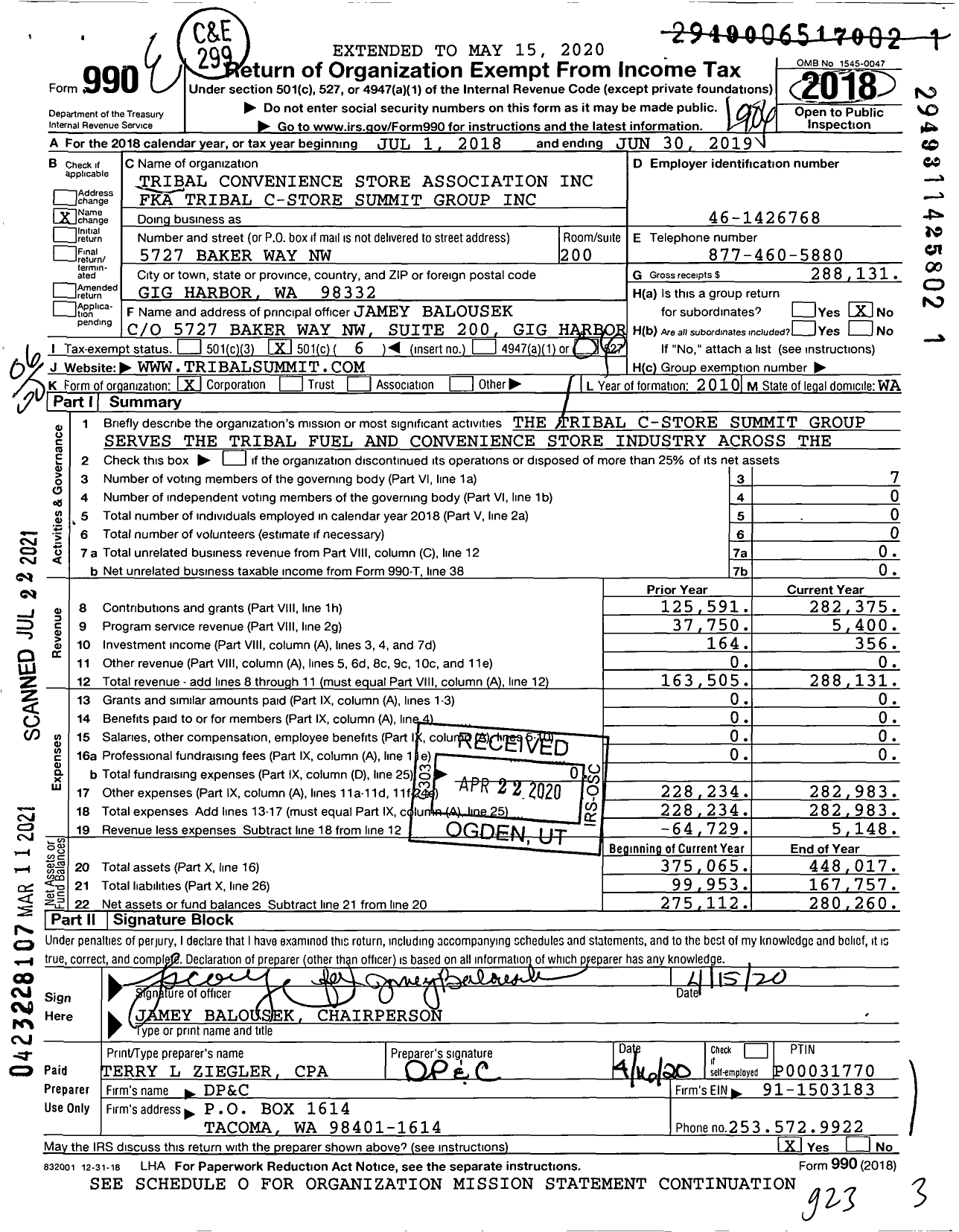 Image of first page of 2018 Form 990O for Tribal C-Store Summit Group