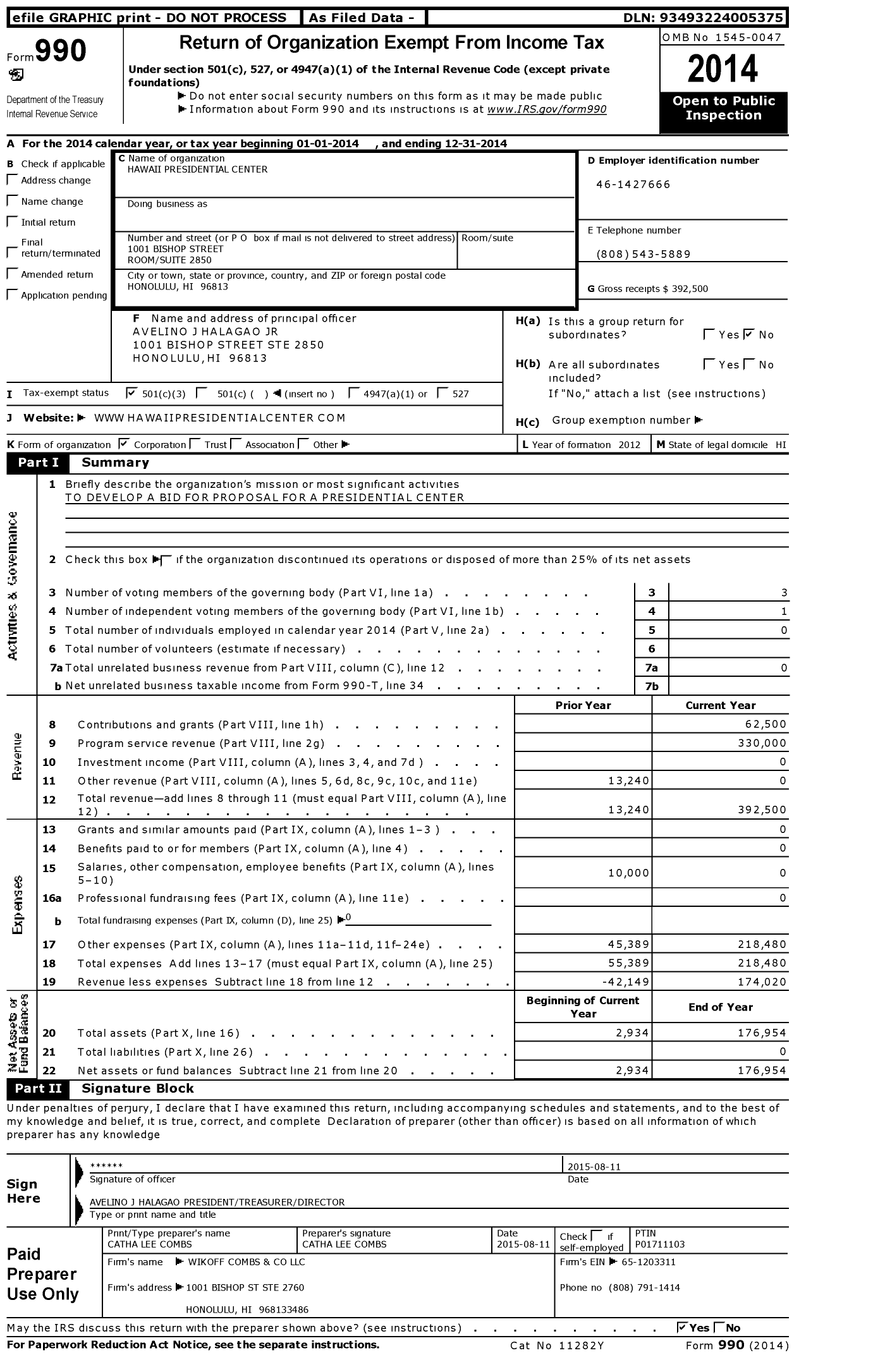 Image of first page of 2014 Form 990 for Hawaii Presidential Center