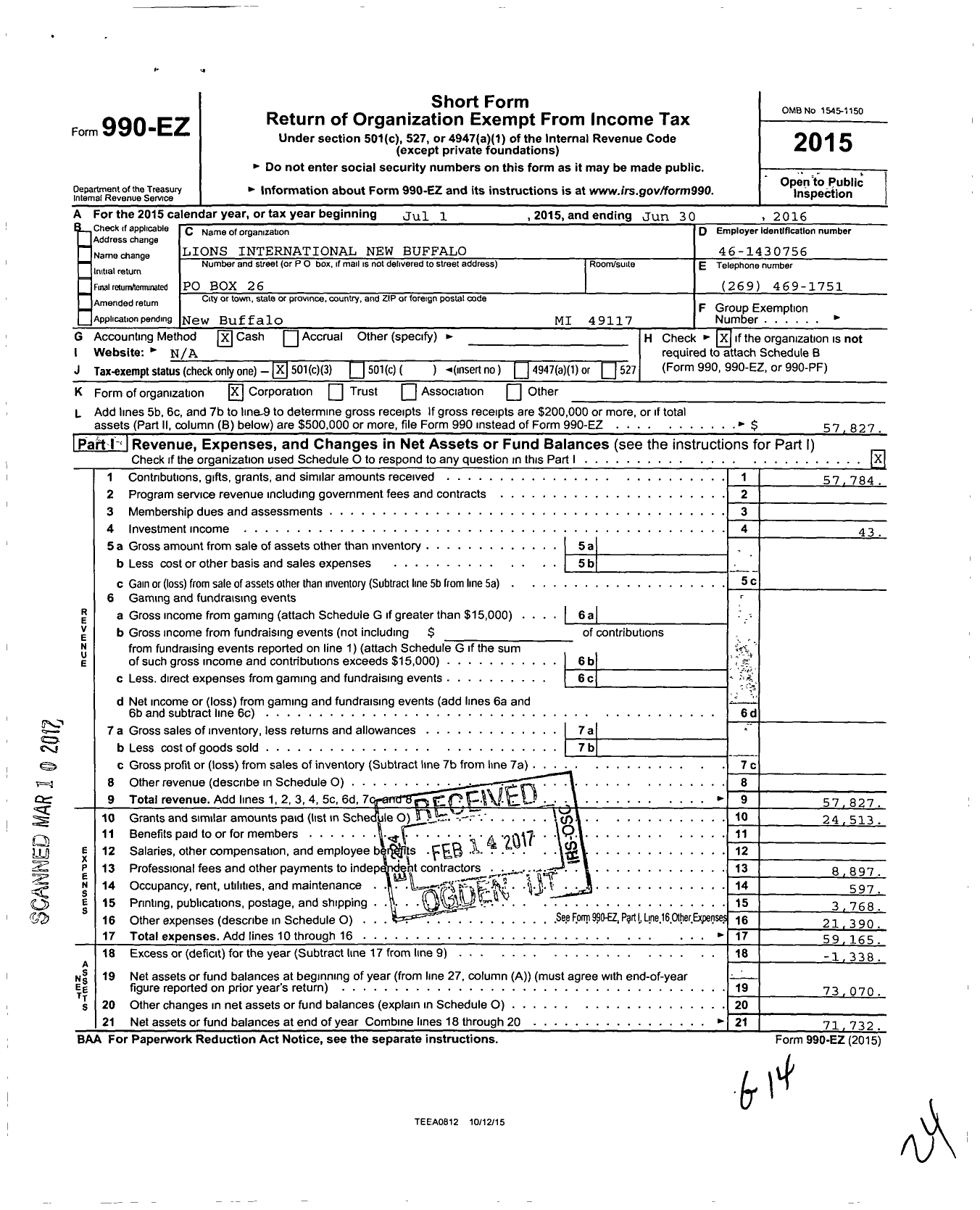 Image of first page of 2015 Form 990EZ for Lions International New Buffalo