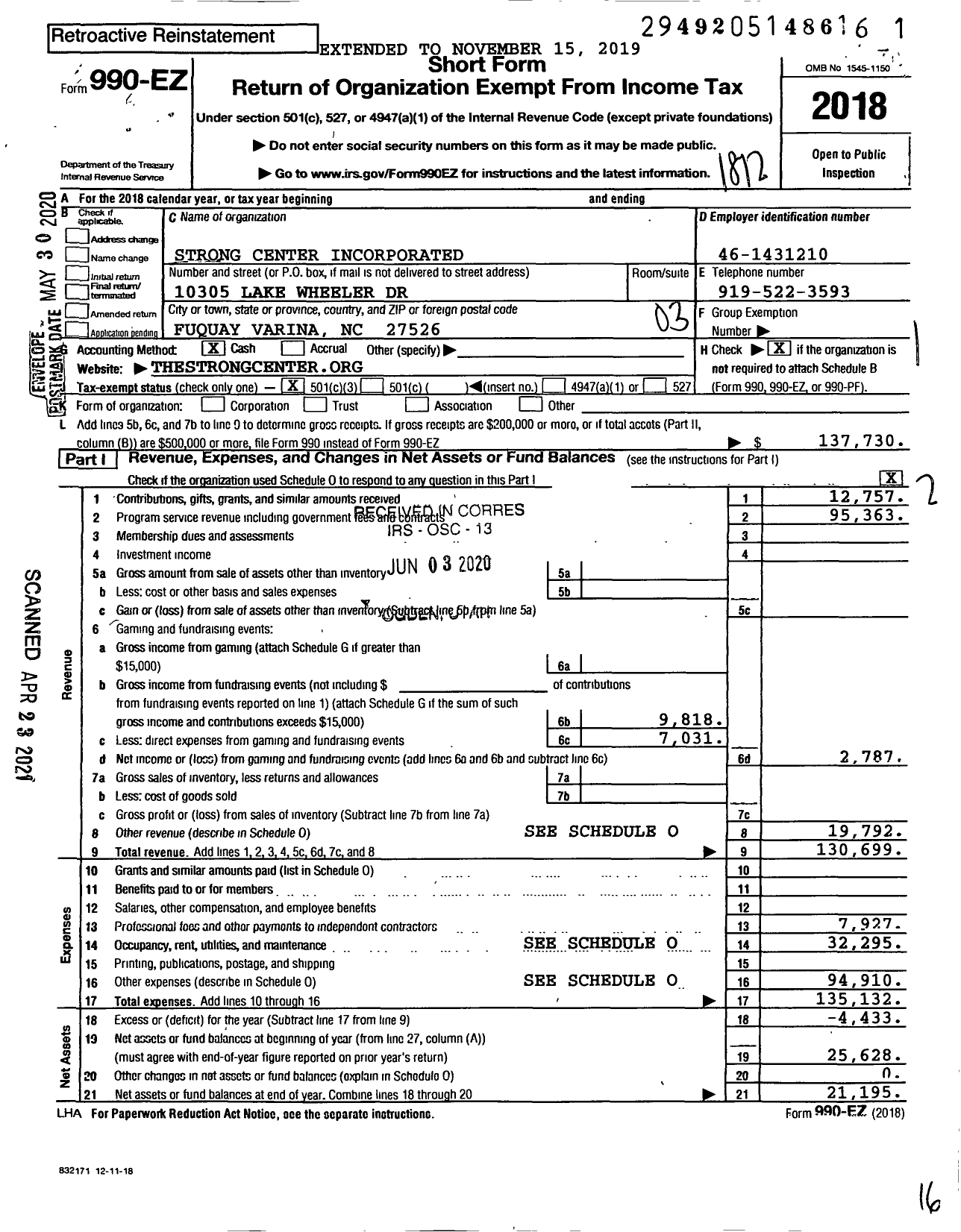 Image of first page of 2018 Form 990EZ for Strong Center Incorporated