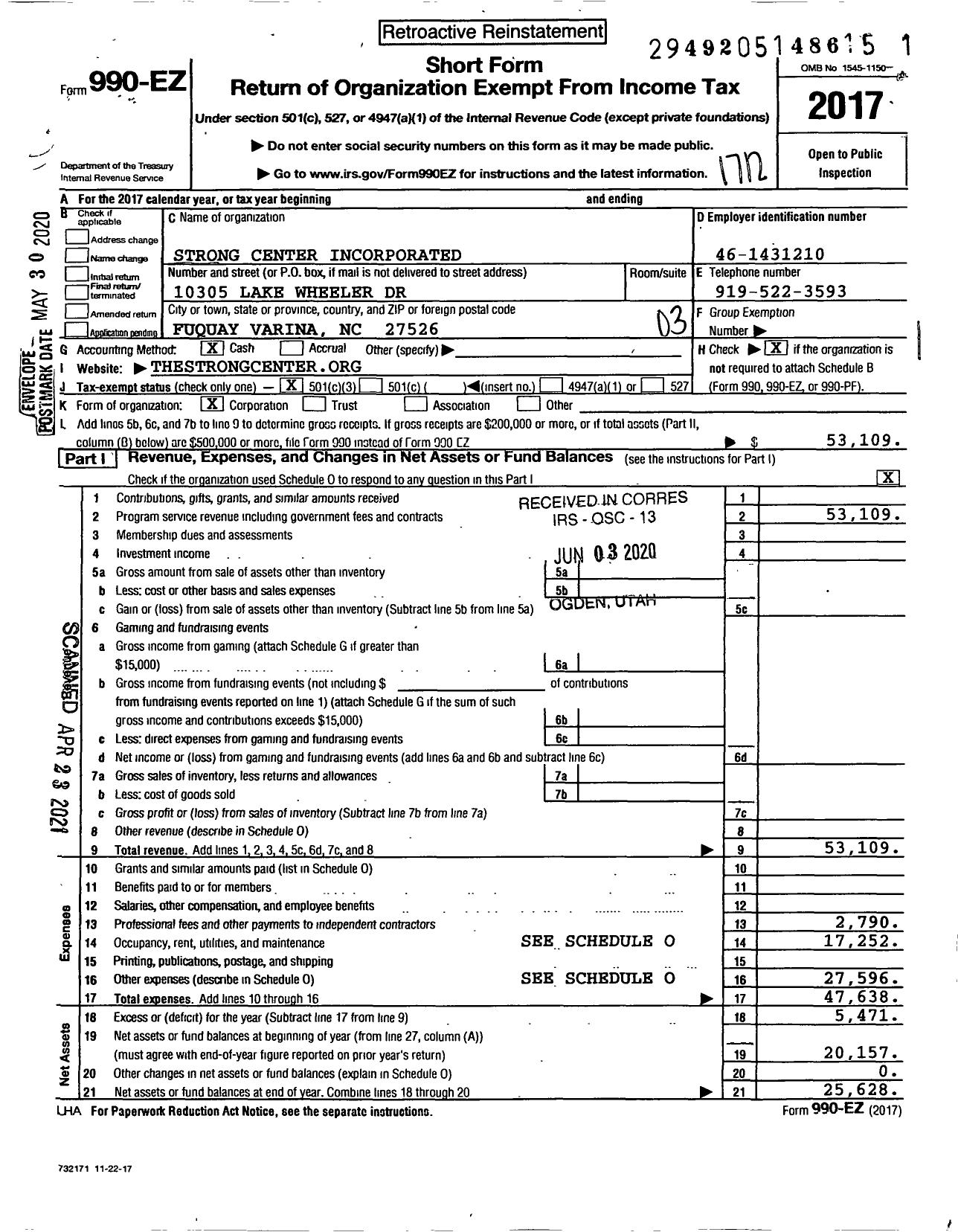 Image of first page of 2017 Form 990EZ for Strong Center Incorporated