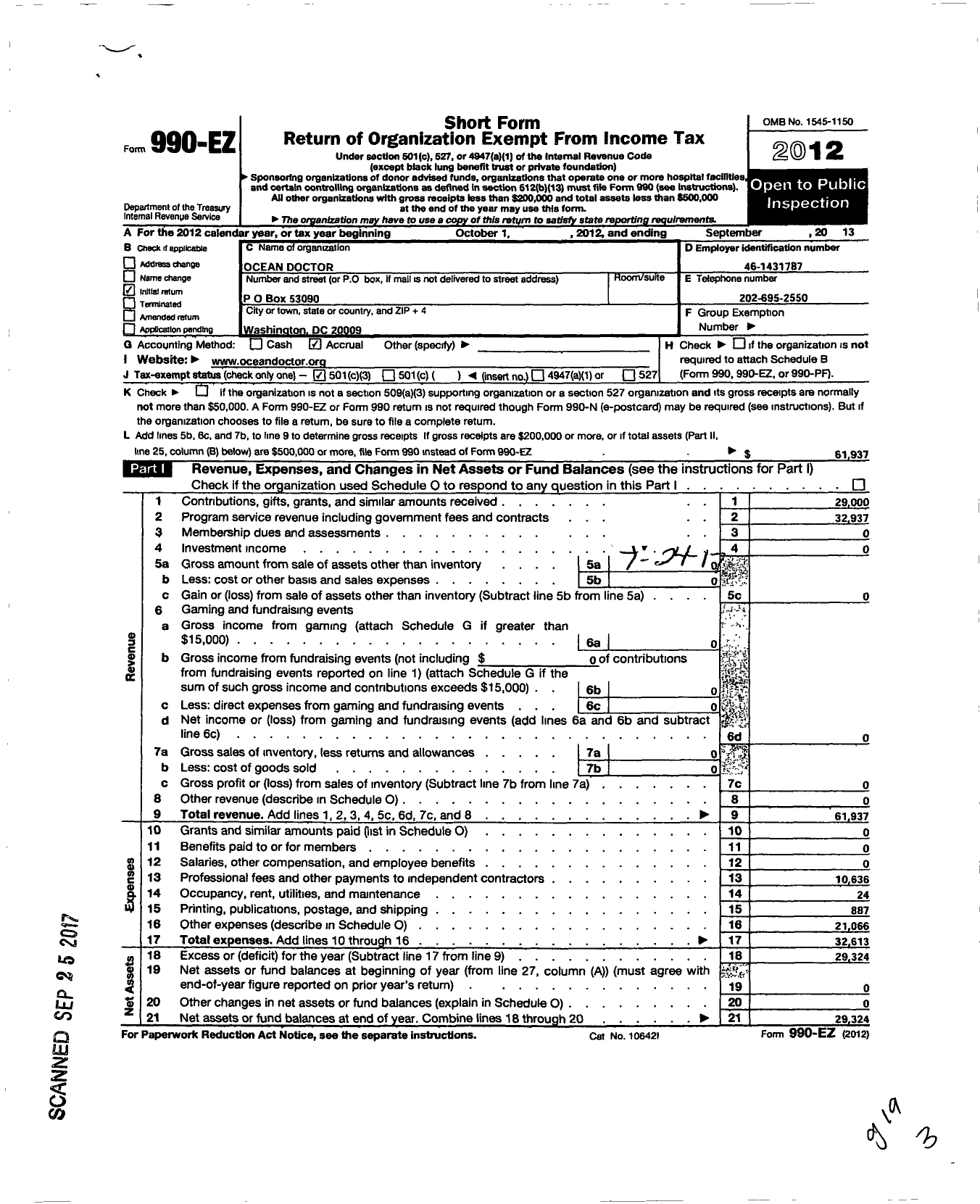 Image of first page of 2012 Form 990EZ for Ocean Doctor