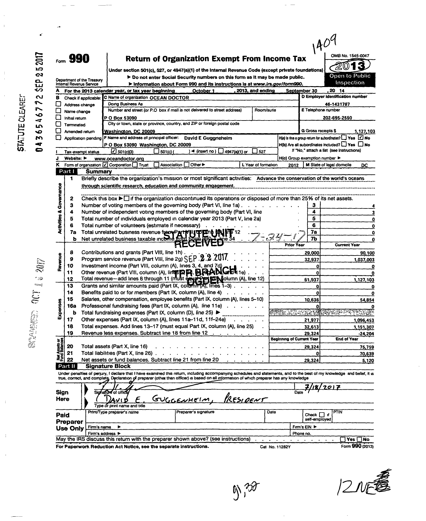 Image of first page of 2013 Form 990 for Ocean Doctor