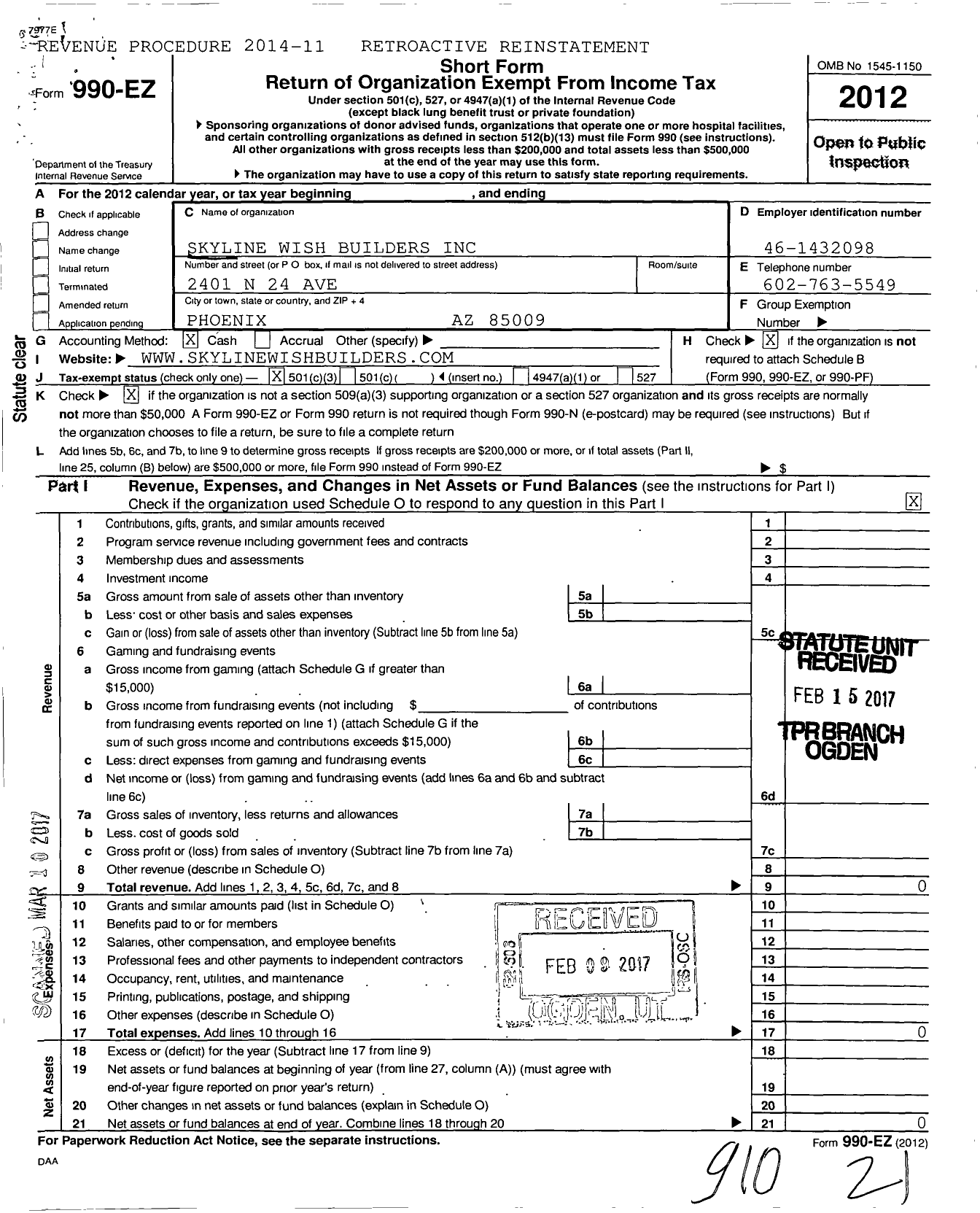 Image of first page of 2012 Form 990EZ for Skyline Wish Builders