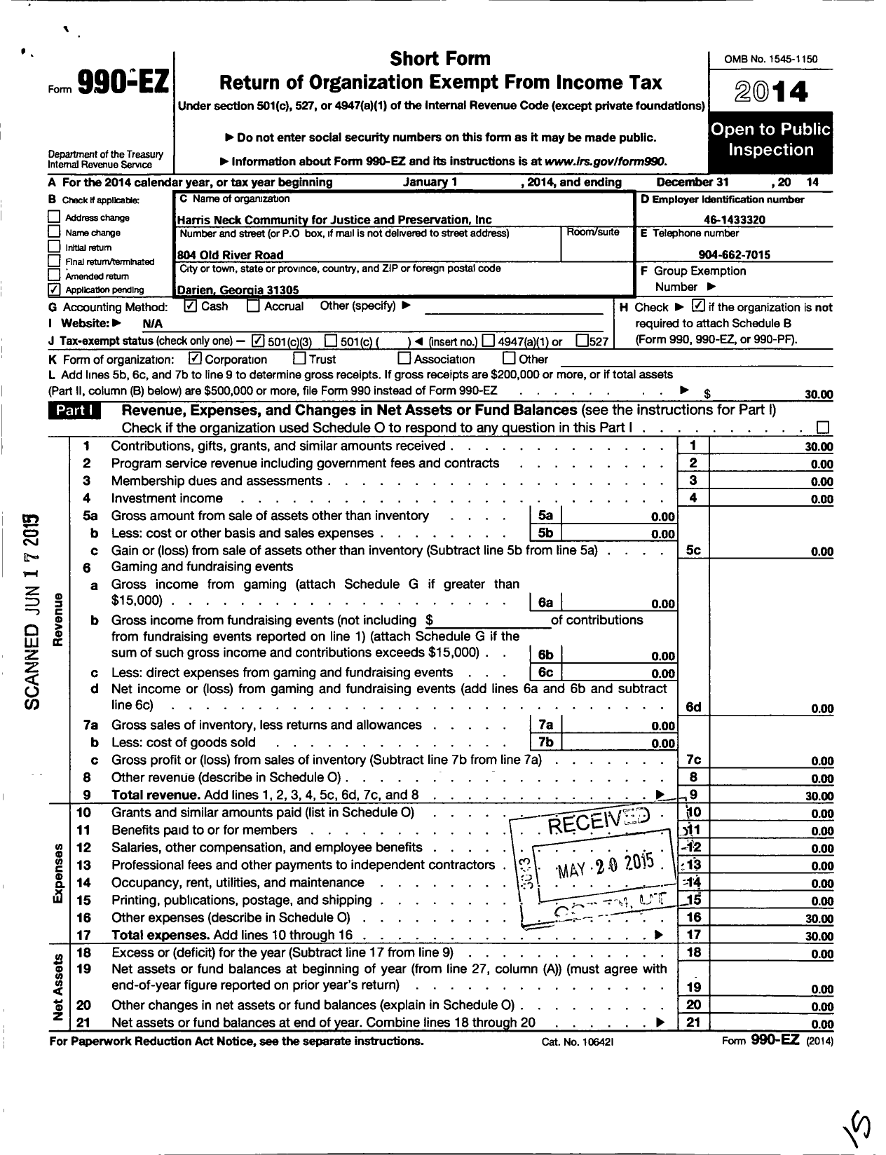 Image of first page of 2014 Form 990EZ for Harris Neck Community for Justice and Preservation