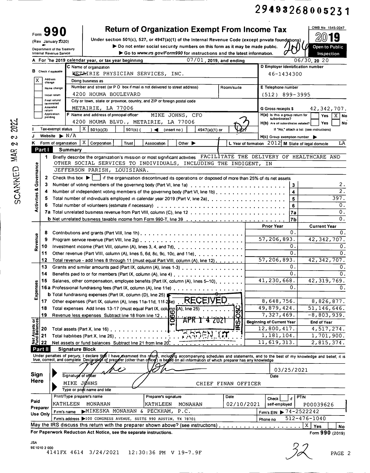 Image of first page of 2019 Form 990 for Metairie Physicians Services