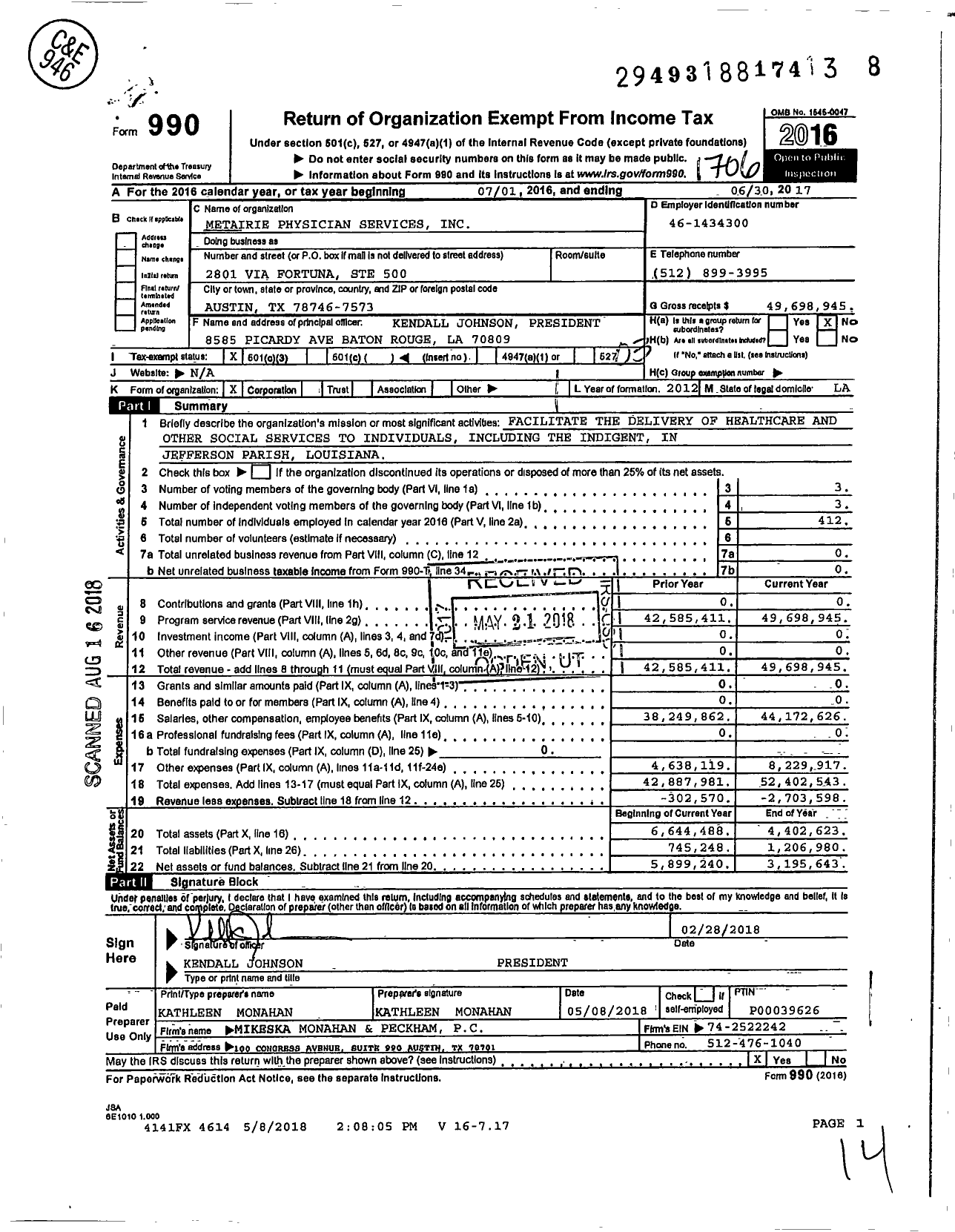 Image of first page of 2016 Form 990 for Metairie Physicians Services