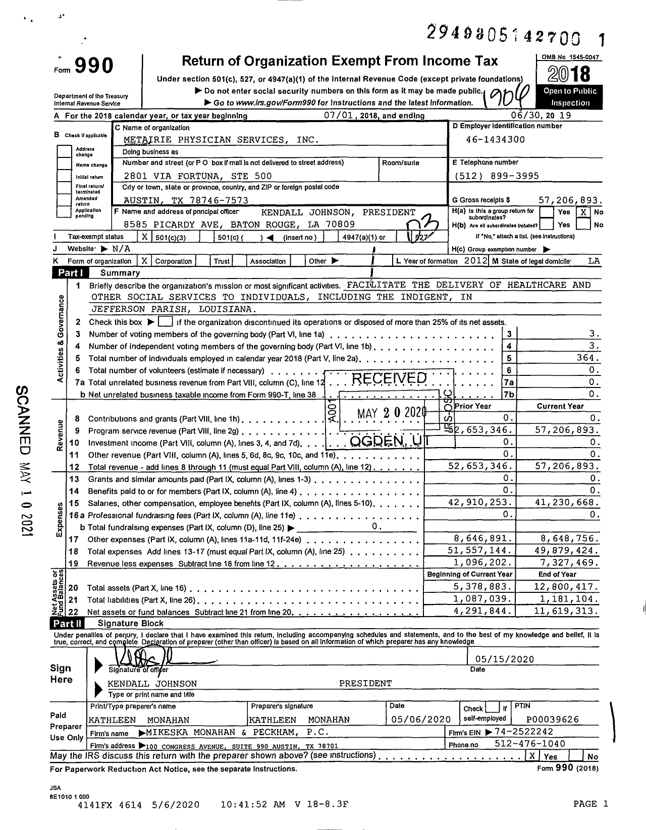 Image of first page of 2018 Form 990 for Metairie Physicians Services