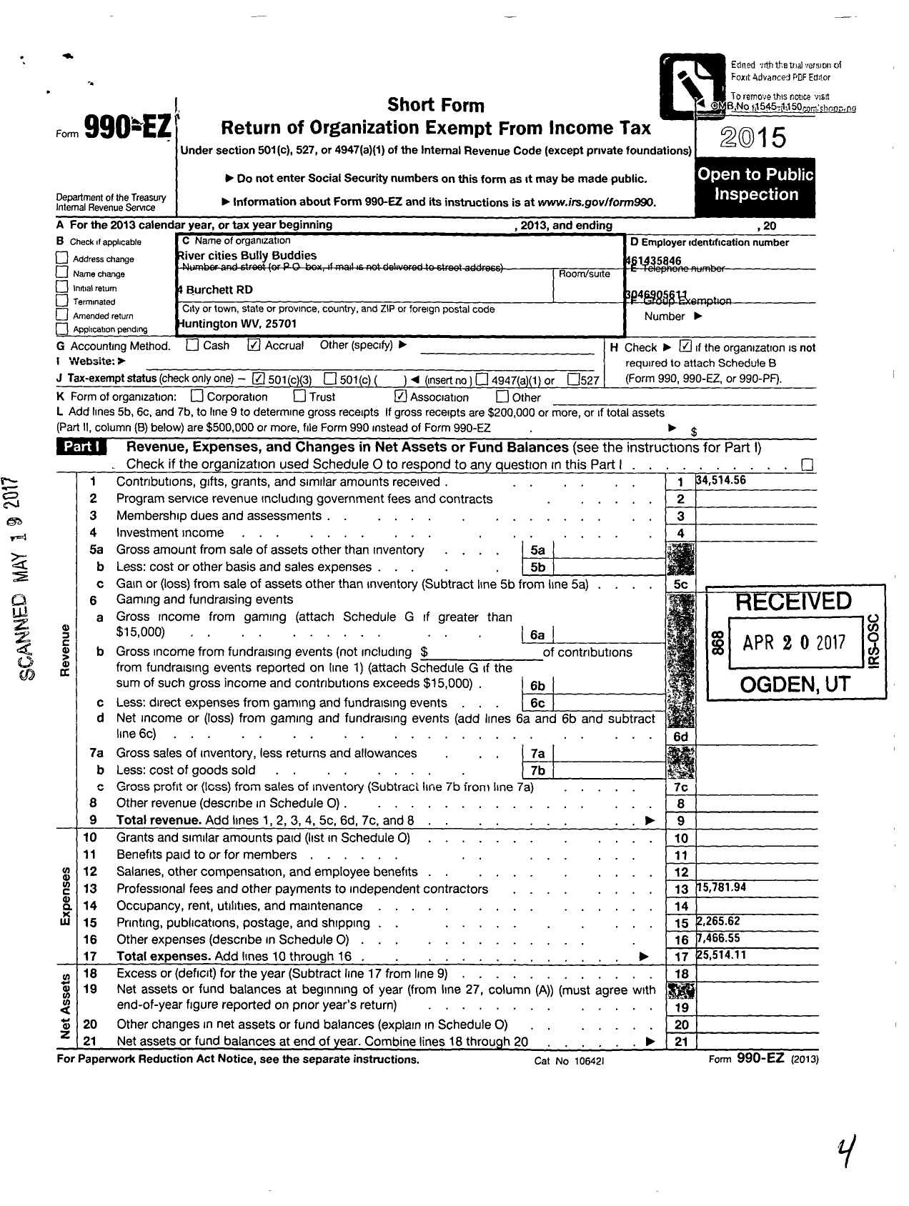 Image of first page of 2015 Form 990EZ for River Cities Bully Buddies