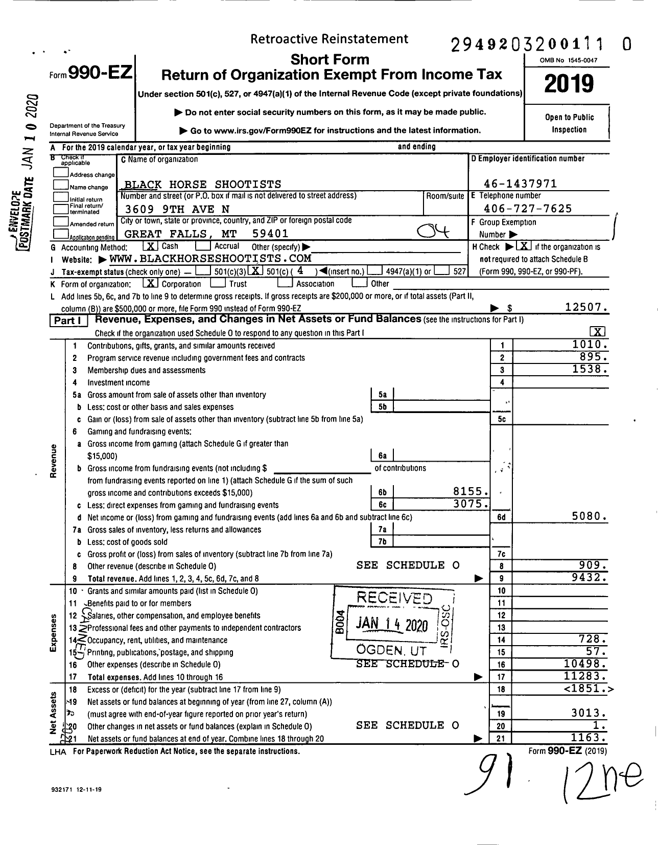 Image of first page of 2019 Form 990EO for Black Horse Shootists