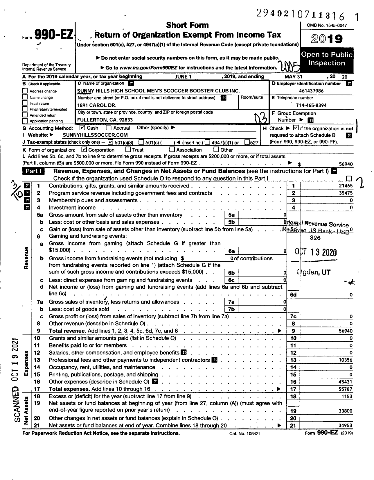 Image of first page of 2019 Form 990EZ for Sunny Hills High School Mens Soccer Booster Club