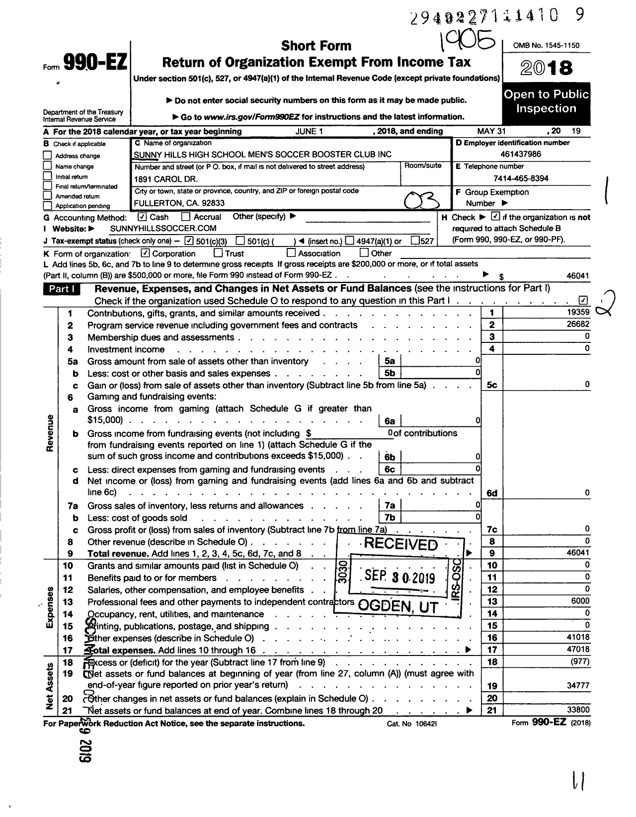 Image of first page of 2018 Form 990EZ for Sunny Hills High School Mens Soccer Booster Club