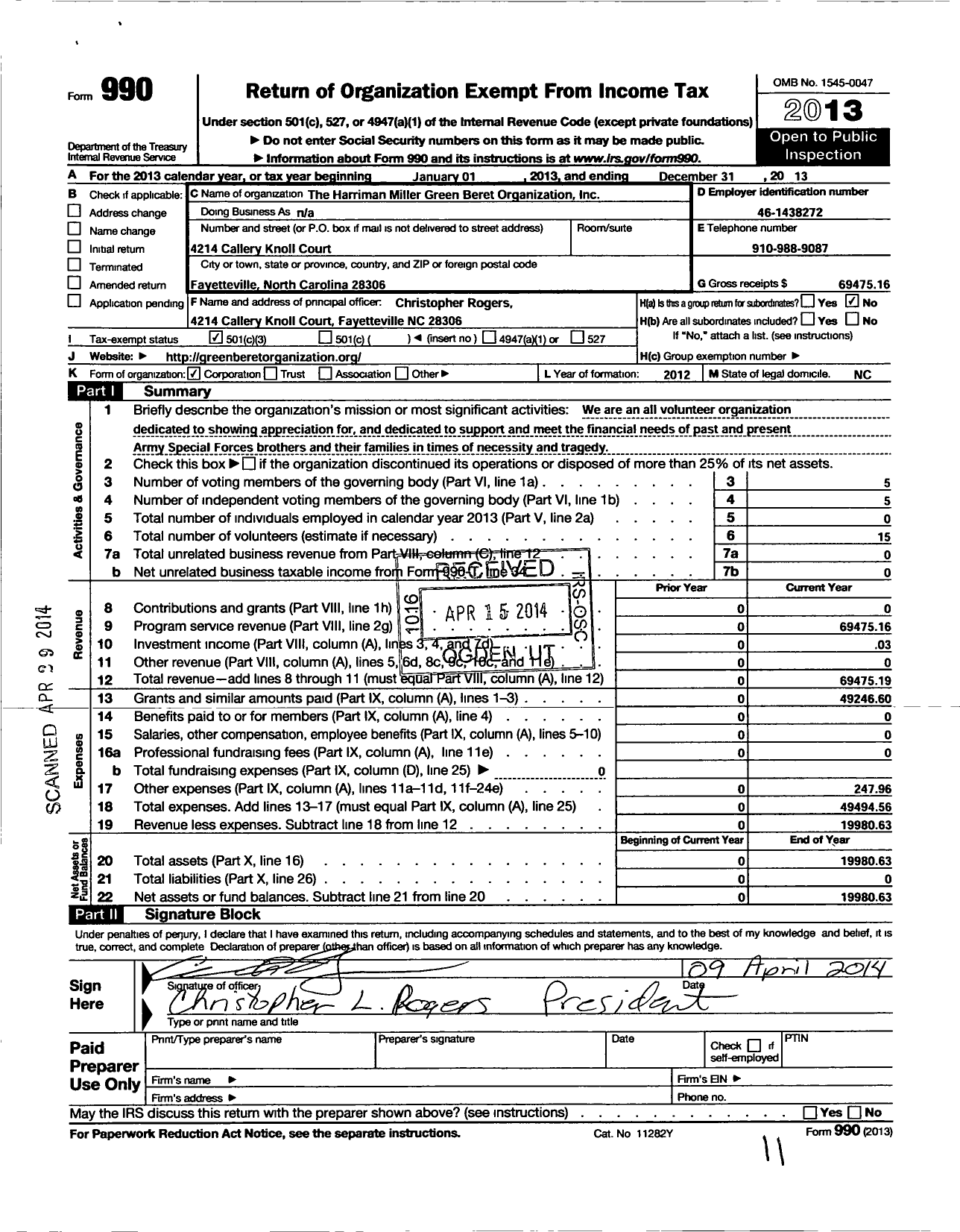 Image of first page of 2013 Form 990 for Harriman Miller Green Beret Organization