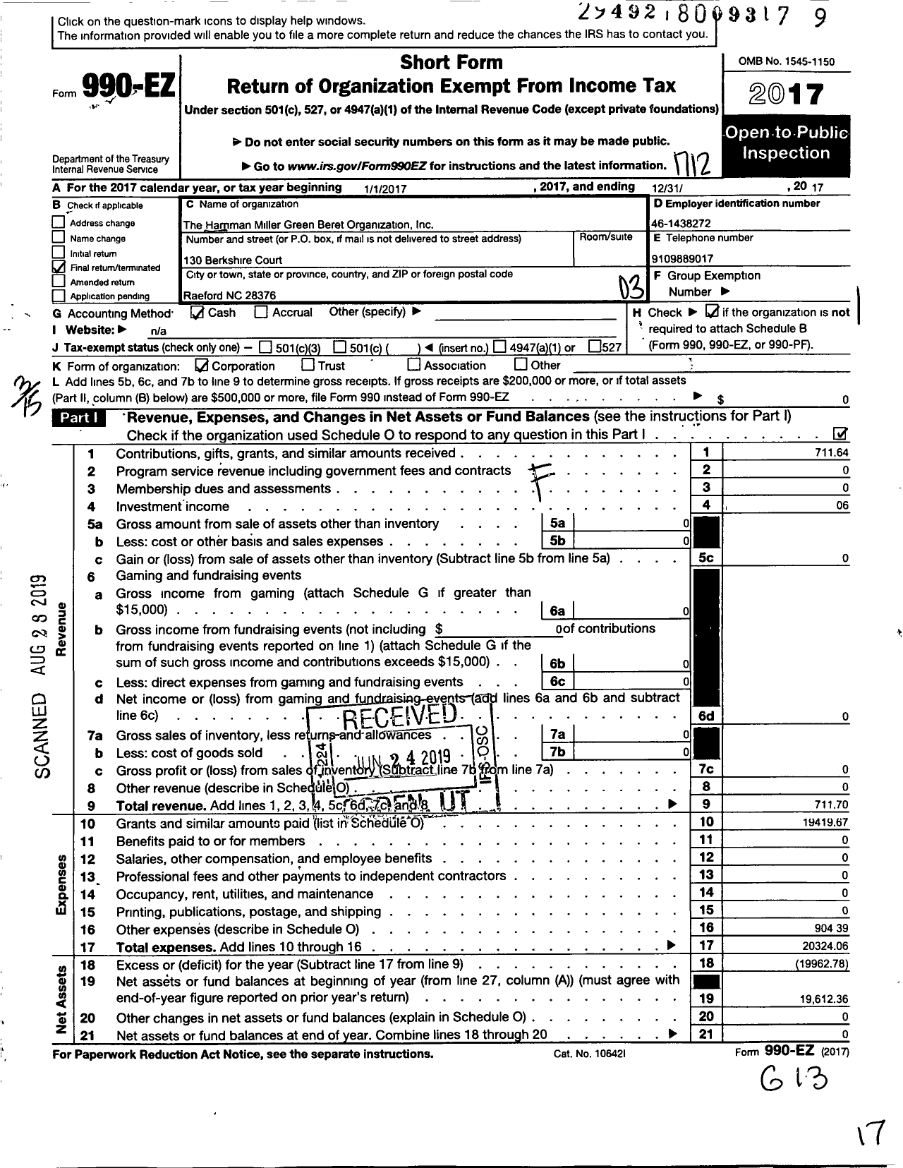 Image of first page of 2017 Form 990EZ for Harriman Miller Green Beret Organization