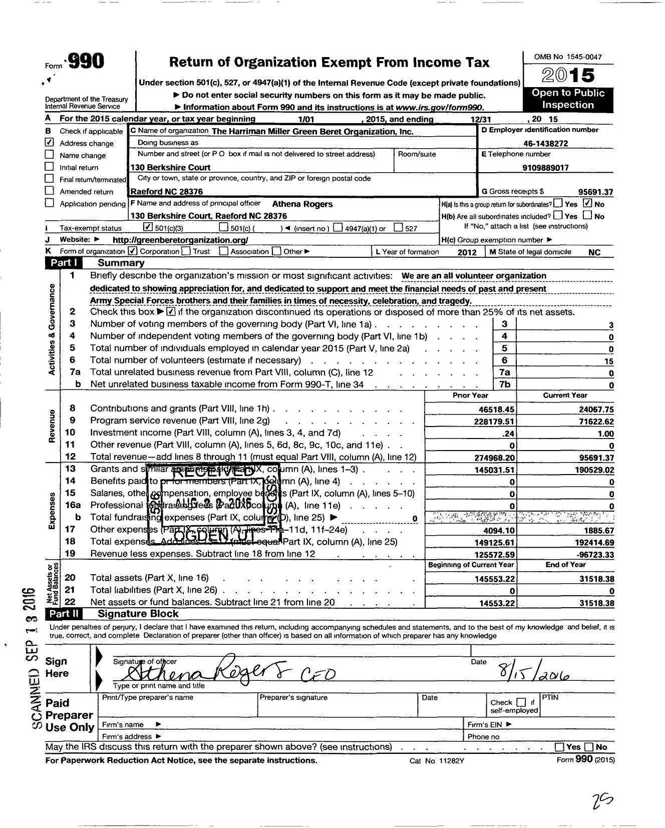 Image of first page of 2015 Form 990 for Harriman Miller Green Beret Organization