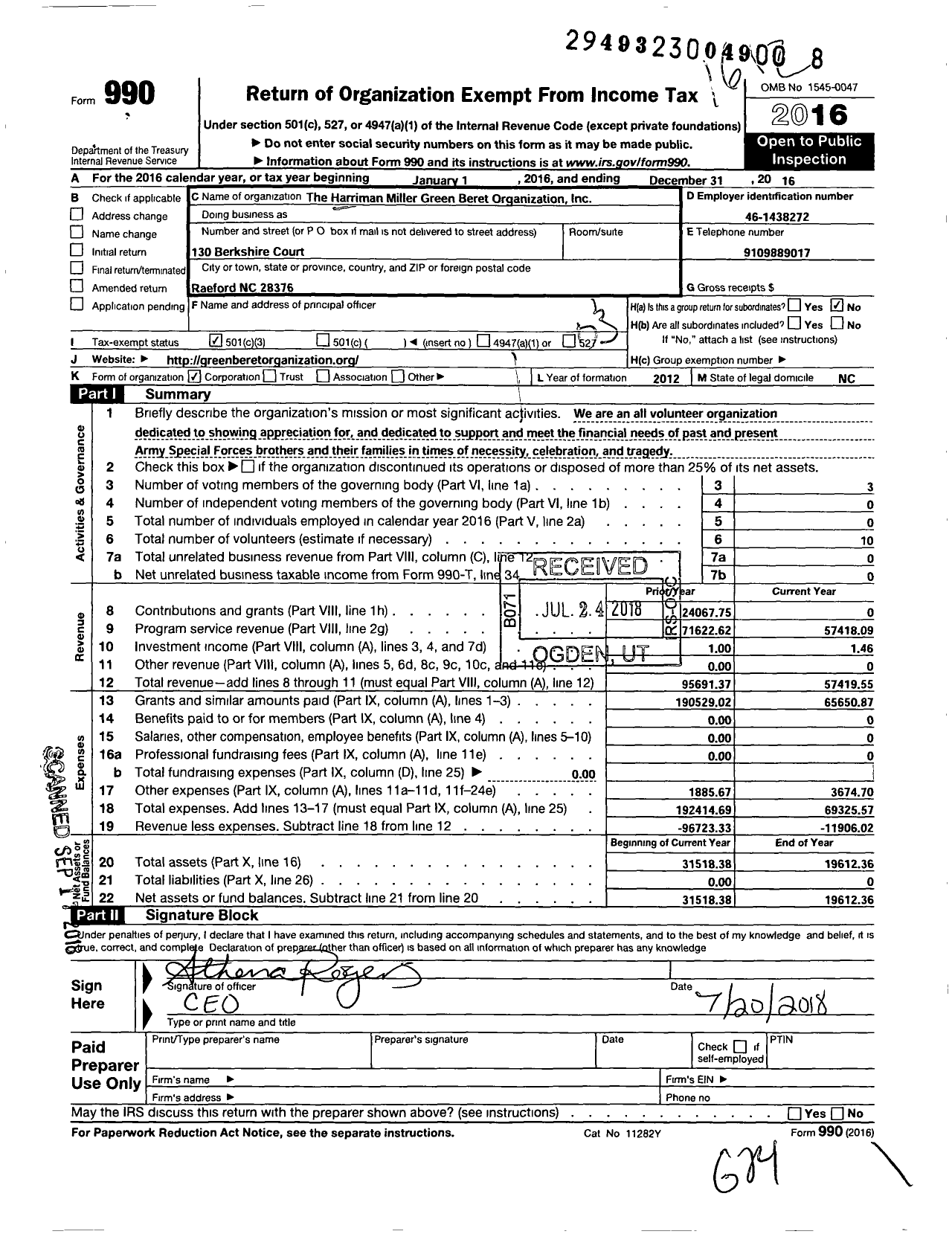 Image of first page of 2016 Form 990 for Harriman Miller Green Beret Organization